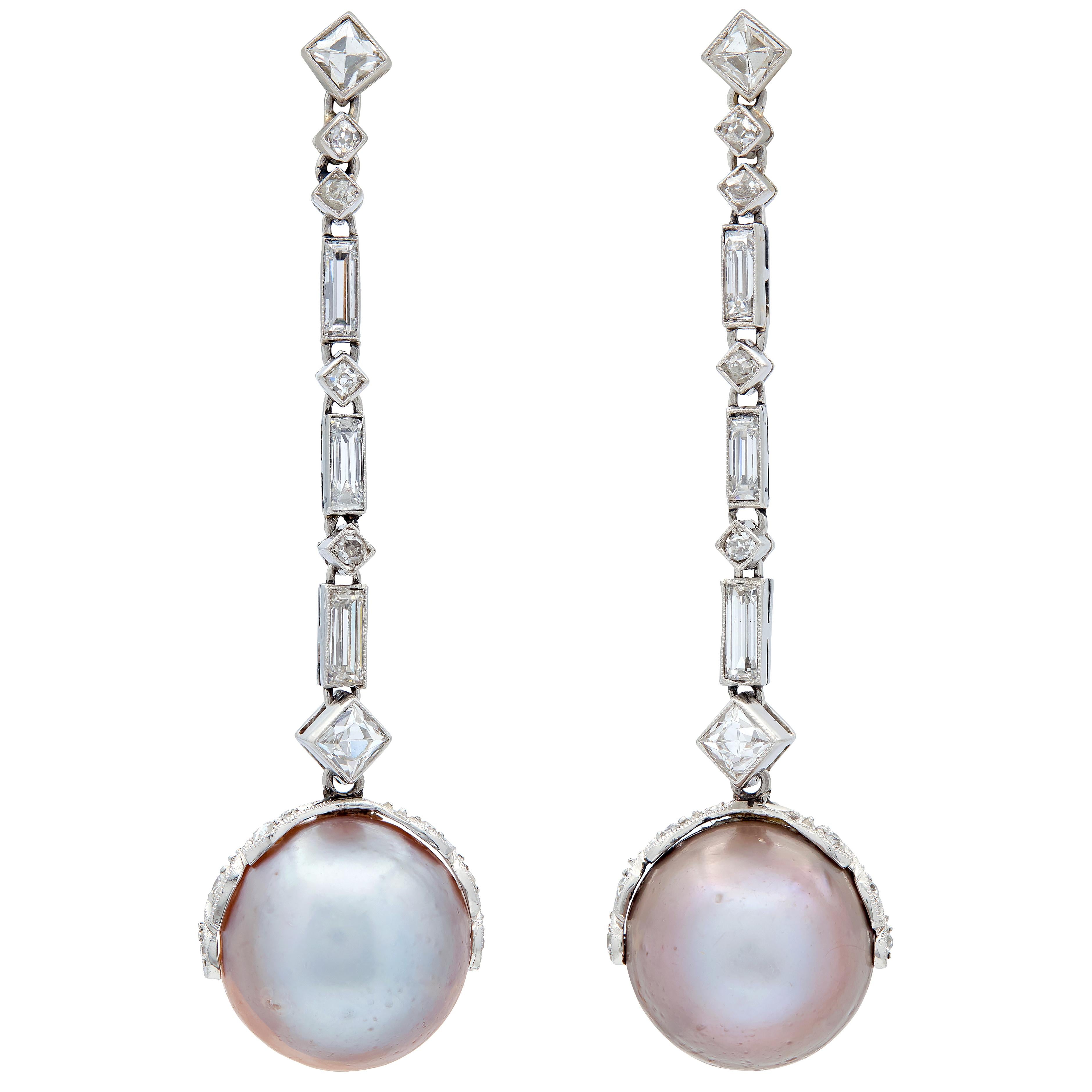 Art Deco Diamond Natural Saltwater Pearl Platinum Antique Drop Earrings GIA