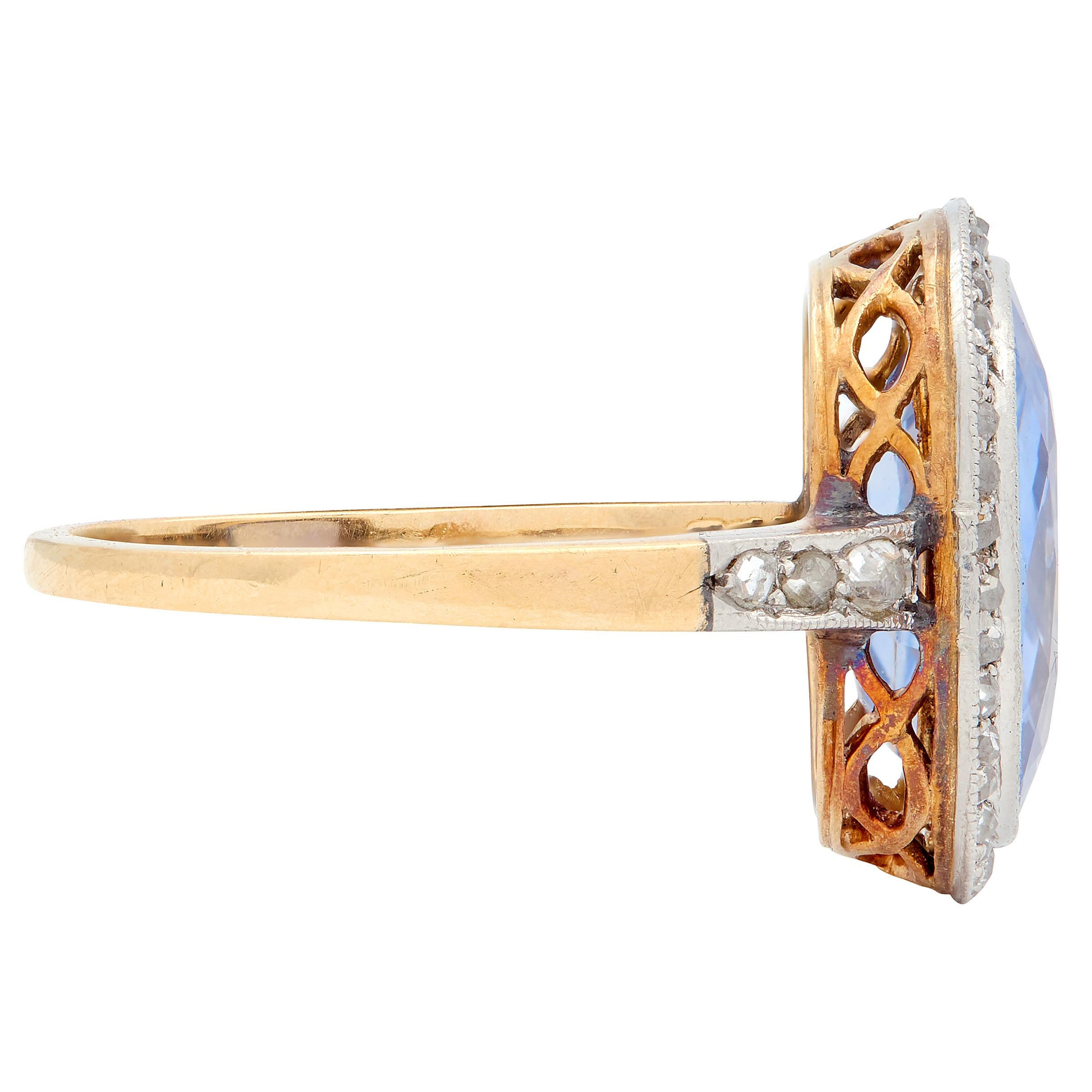 Edwardian Diamond Sapphire 14 Karat Yellow Gold Platinum Antique Halo Ring GIA