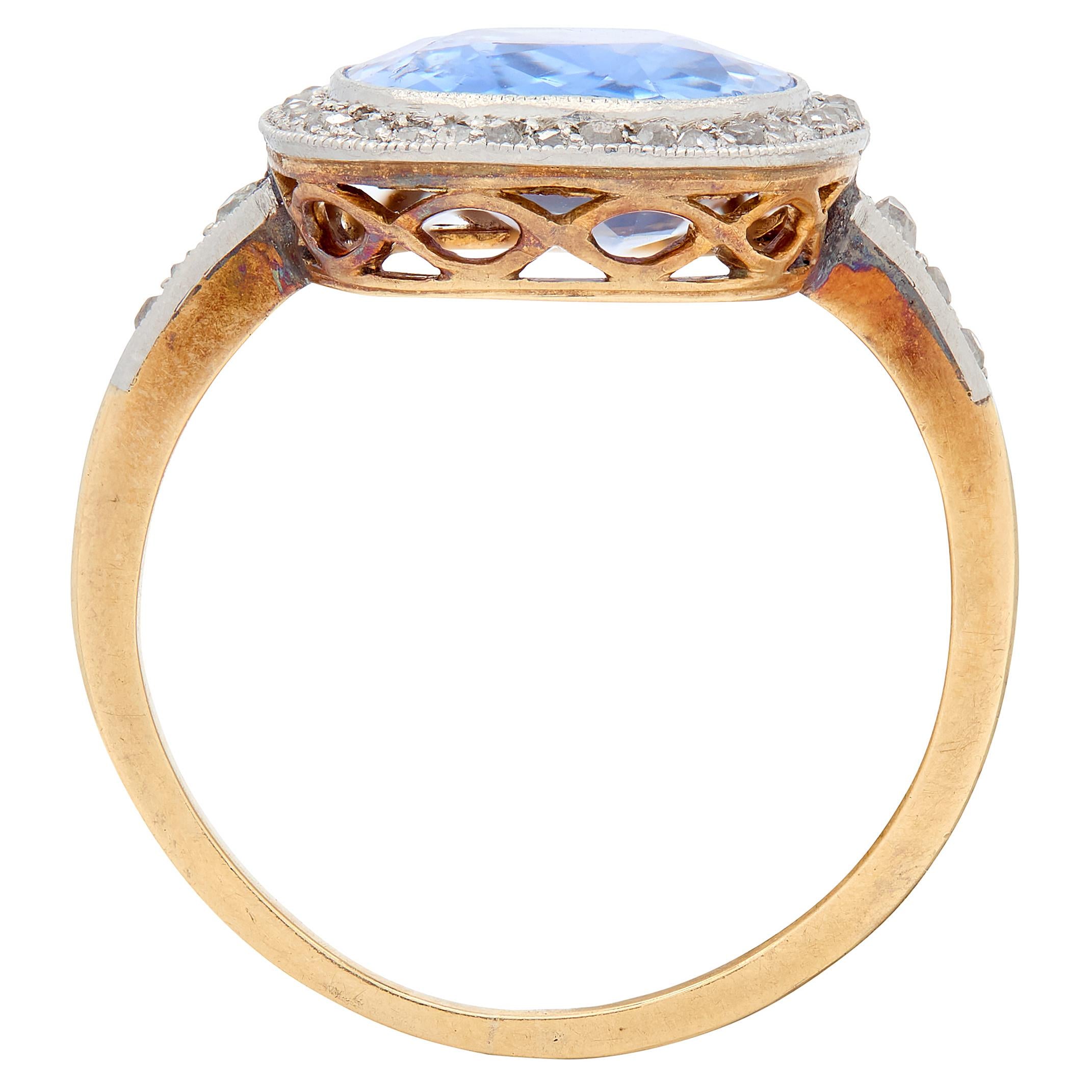 Edwardian Diamond Sapphire 14 Karat Yellow Gold Platinum Antique Halo Ring GIA