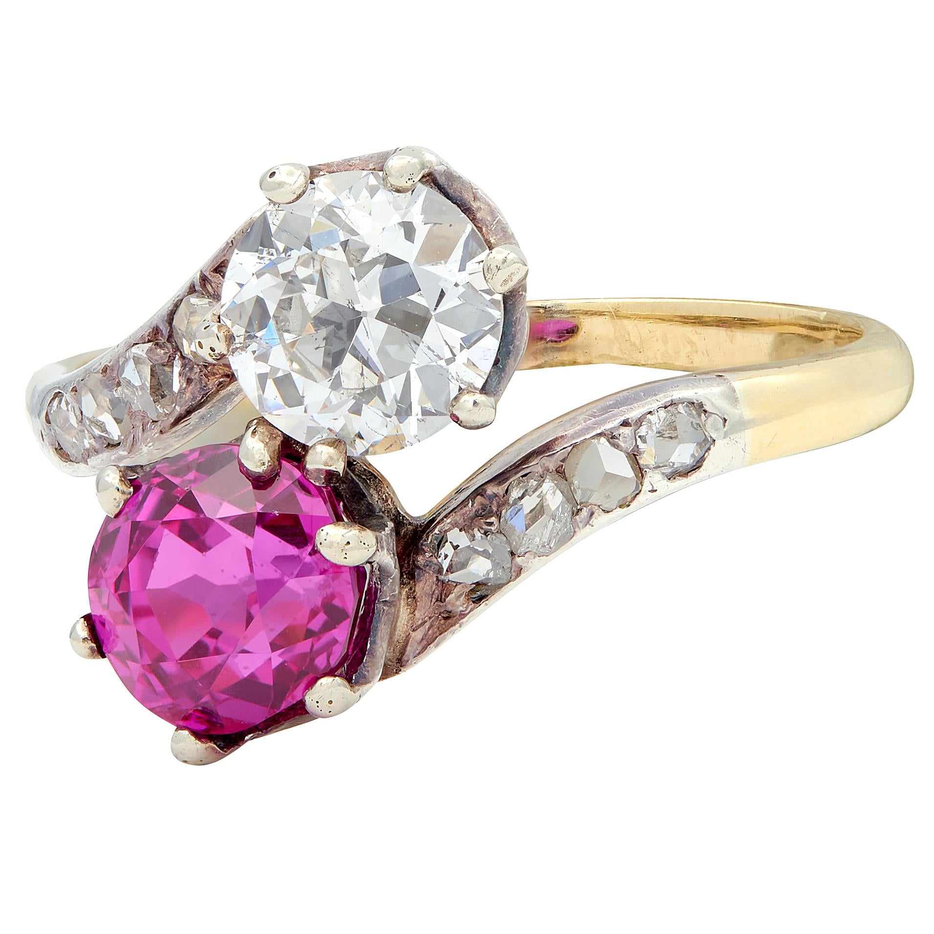 Victorian No Heat Burma Sapphire Diamond 14K Gold Silver Antique Toi-Et-Moi Ring