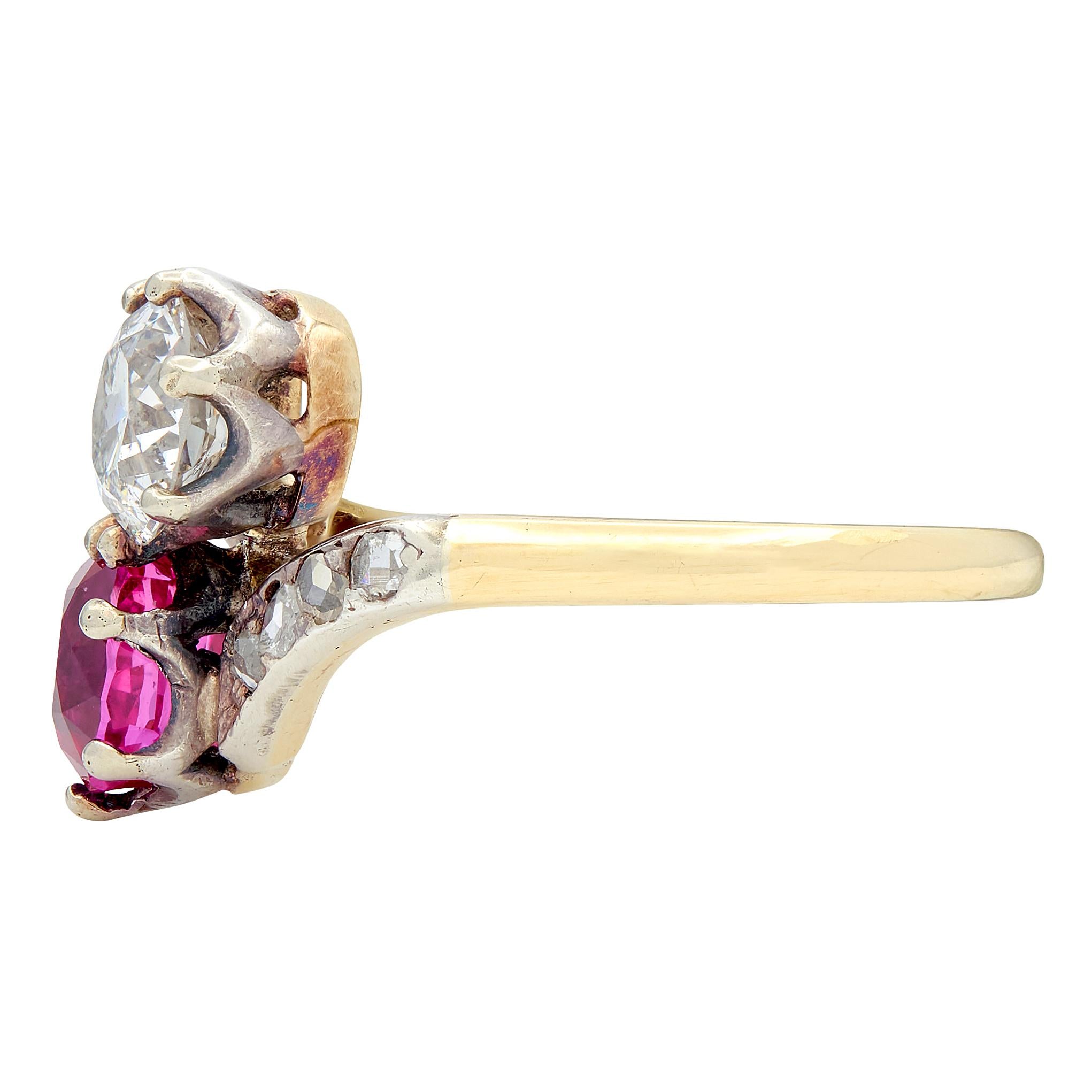 Victorian No Heat Burma Sapphire Diamond 14K Gold Silver Antique Toi-Et-Moi Ring