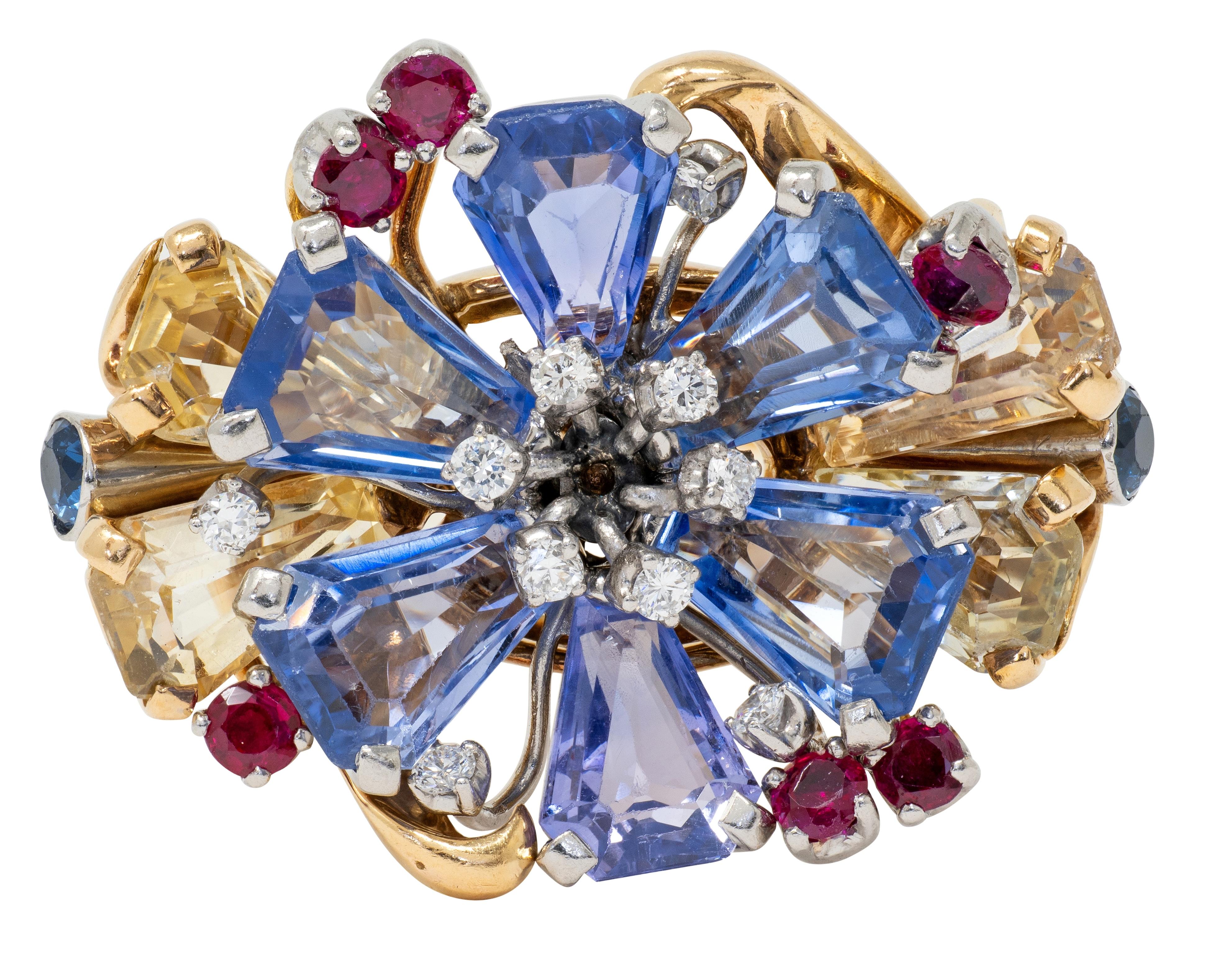 Tiffany & Co. 1940s Retro Sapphire Diamond 18K Gold Vintage Floral Cocktail Ring