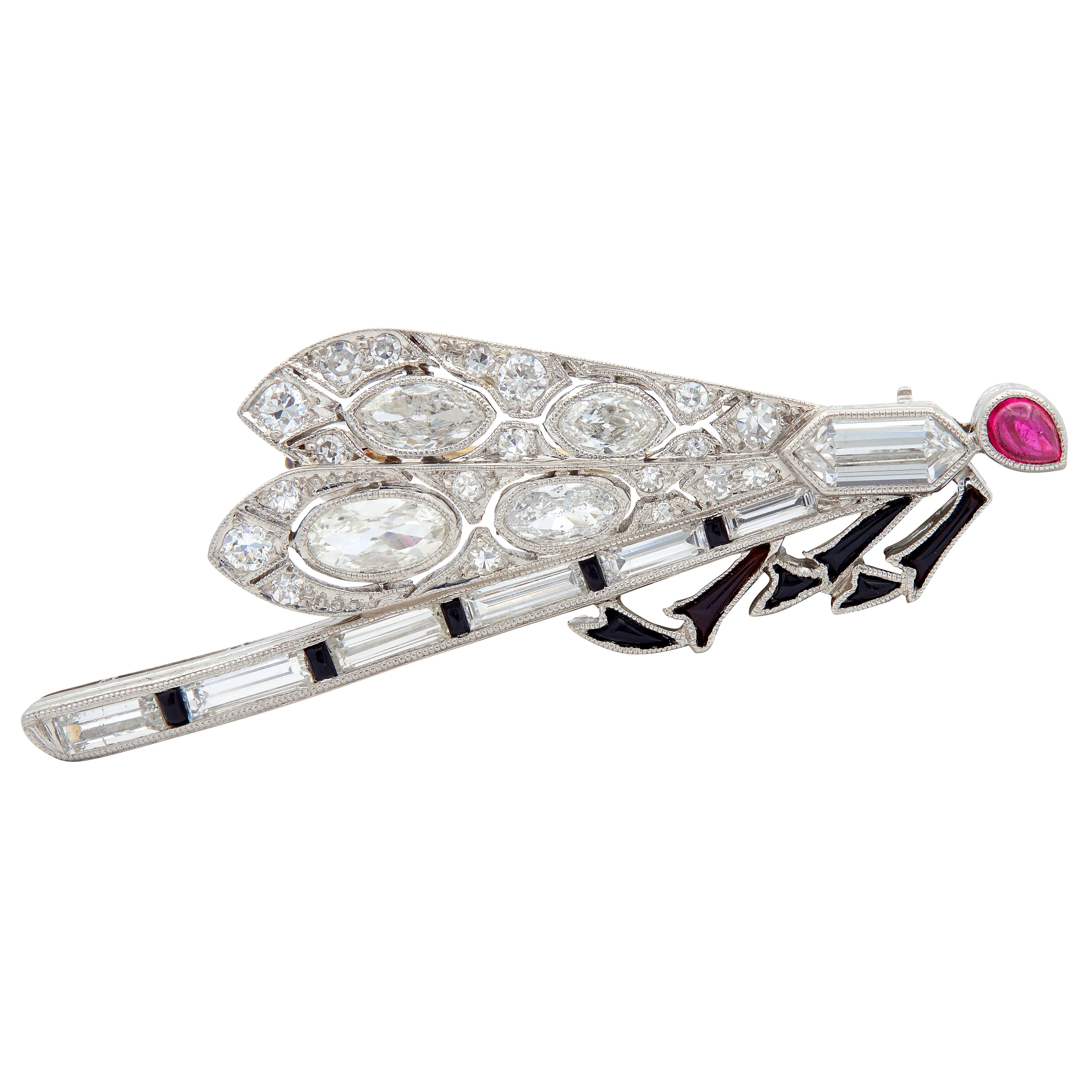 Art Deco Diamond Ruby Onyx Platinum 18K Gold Vintage Dragonfly Unisex Brooch