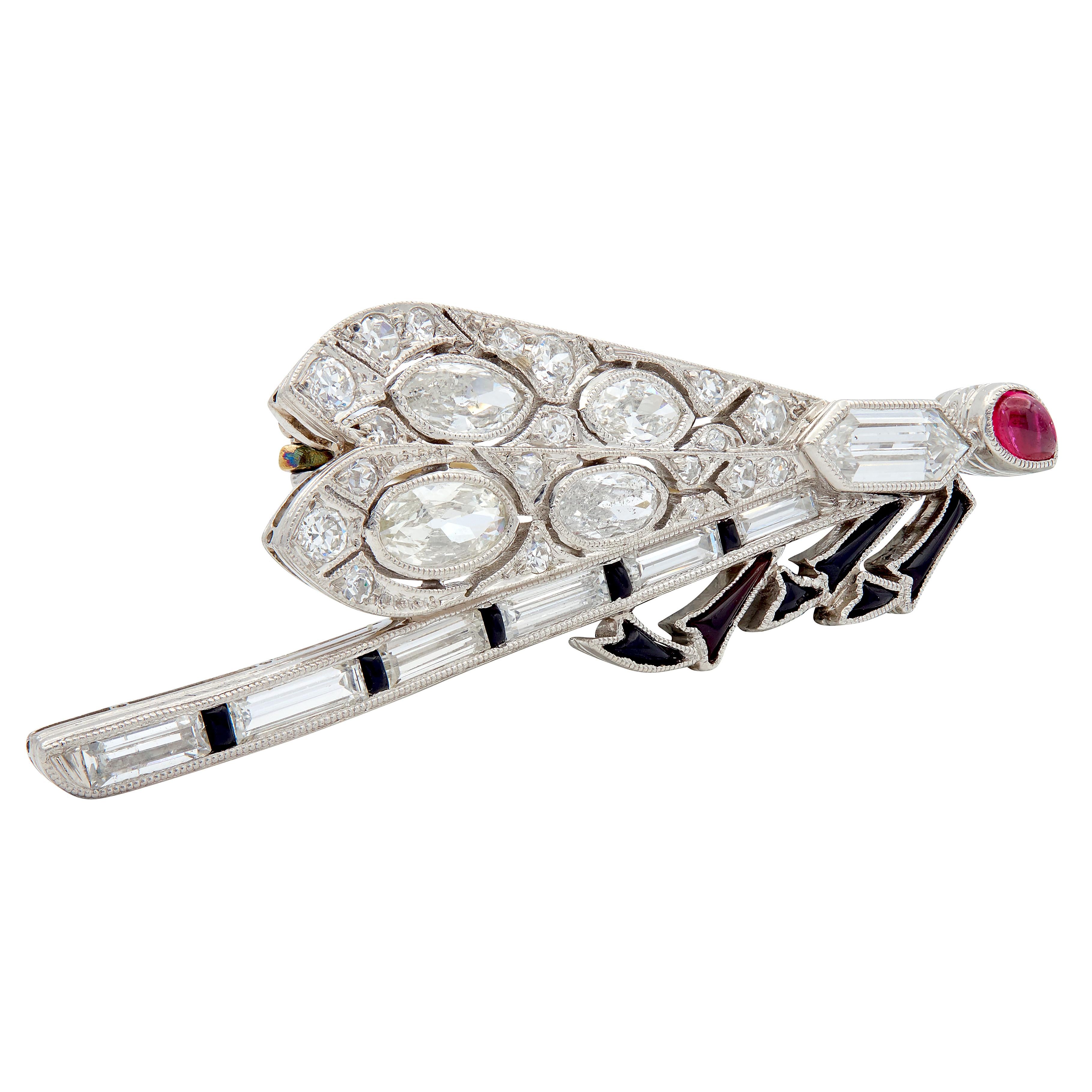 Art Deco Diamond Ruby Onyx Platinum 18K Gold Vintage Dragonfly Unisex Brooch