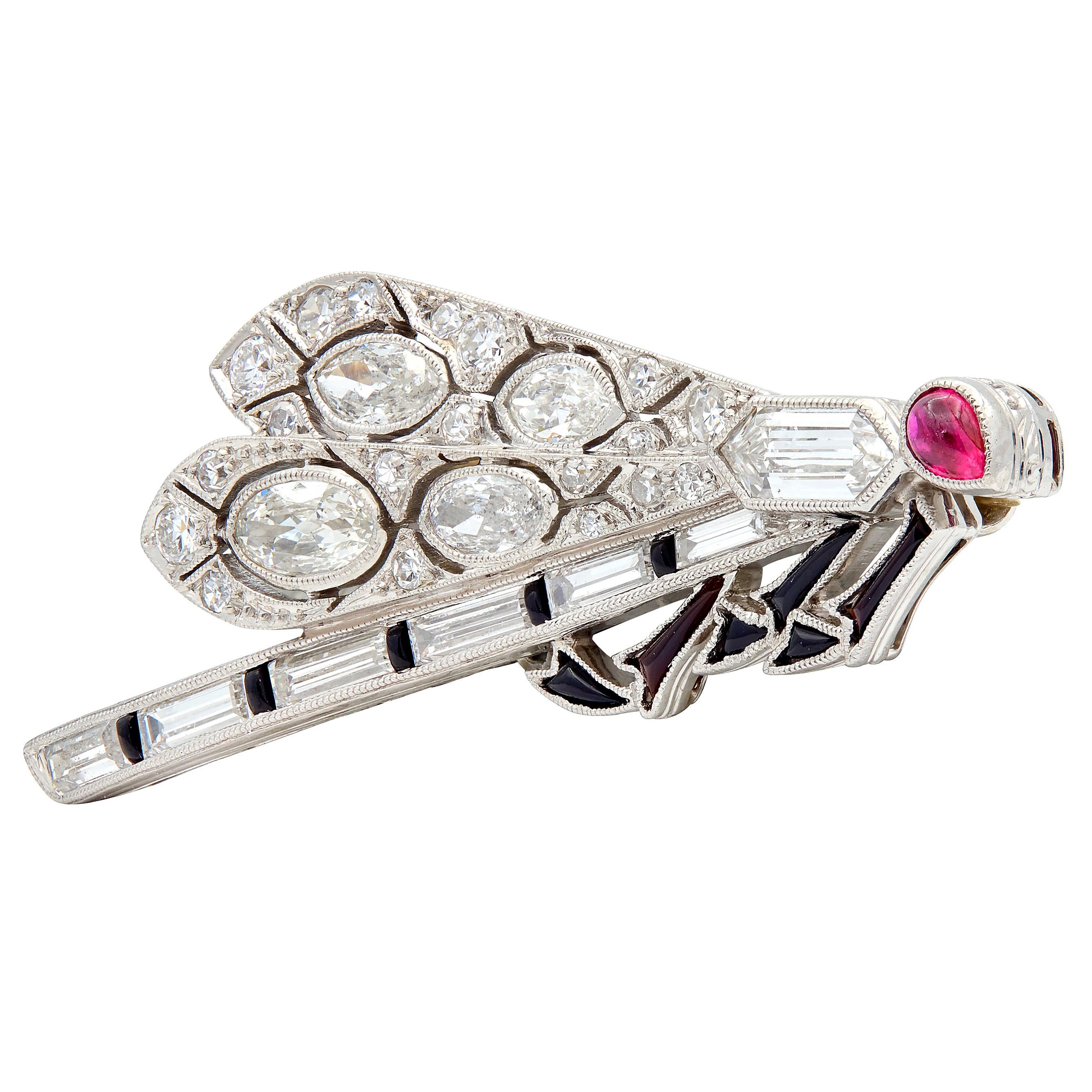 Art Deco Diamond Ruby Onyx Platinum 18K Gold Vintage Dragonfly Unisex Brooch