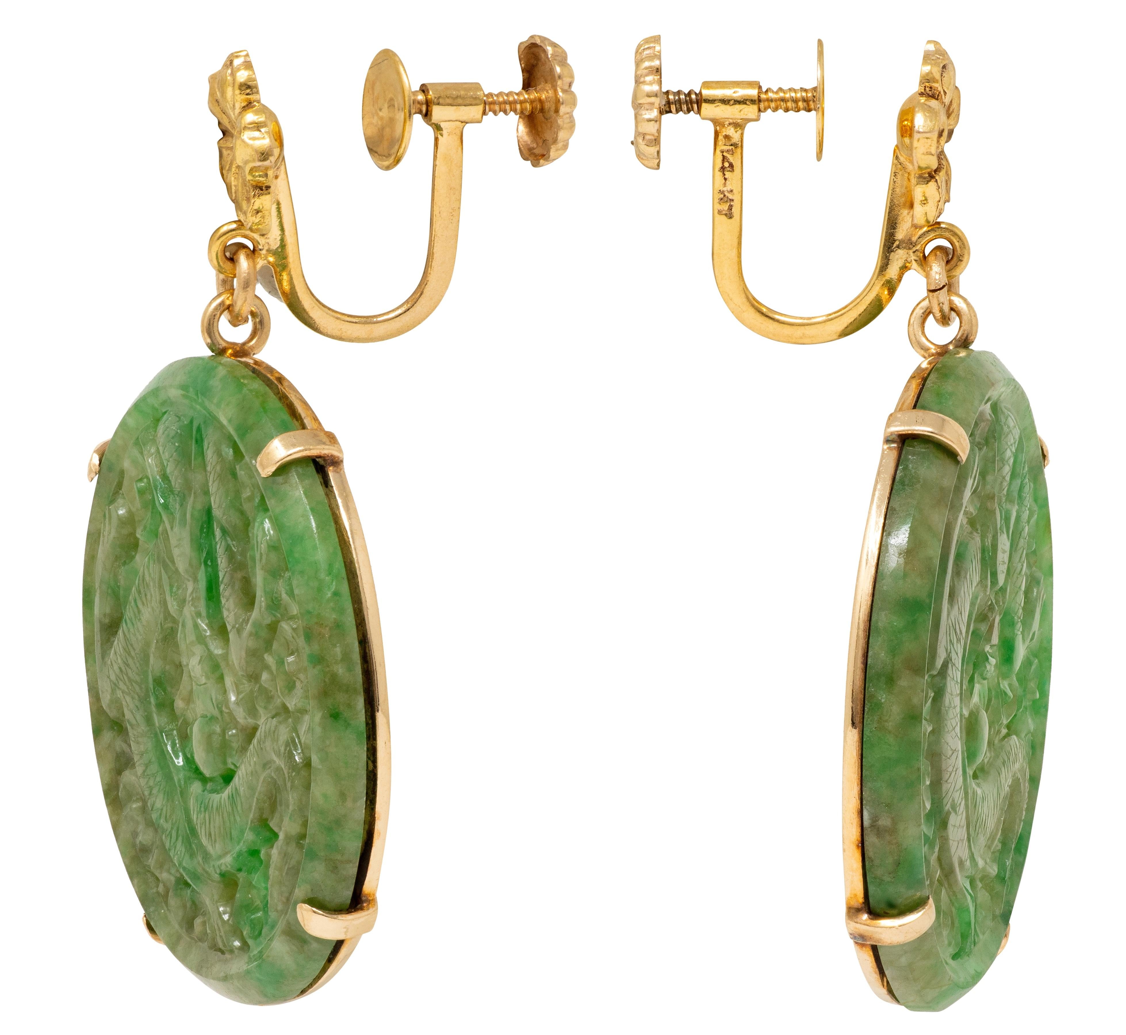 1930's Nephrite Jade 14K Gold Antique Floral Dragon Screw-Back Earrings