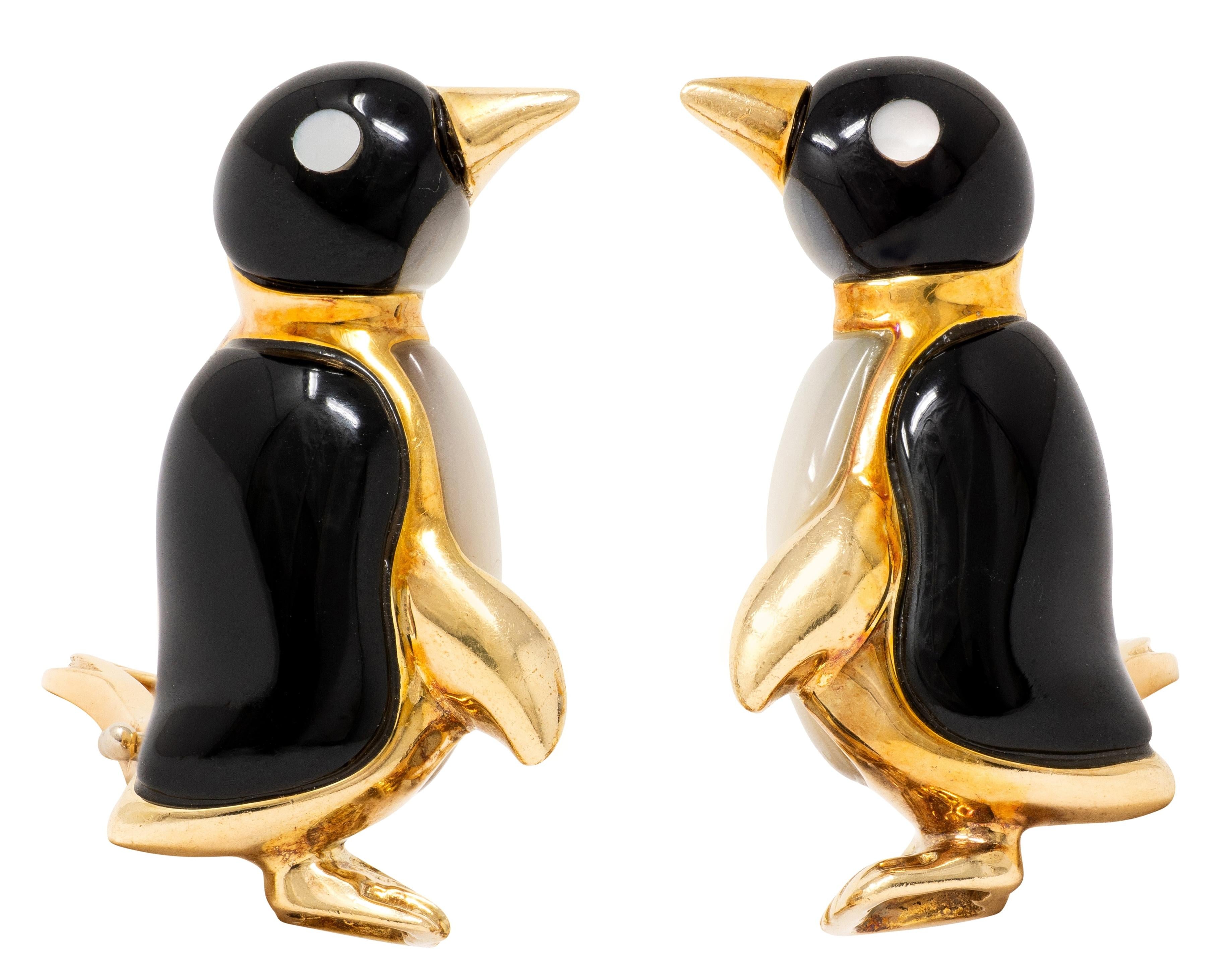 Ash Grossbardt 1980's 14 Karat Yellow Gold Vintage Penguin Ear-Clip Earrings