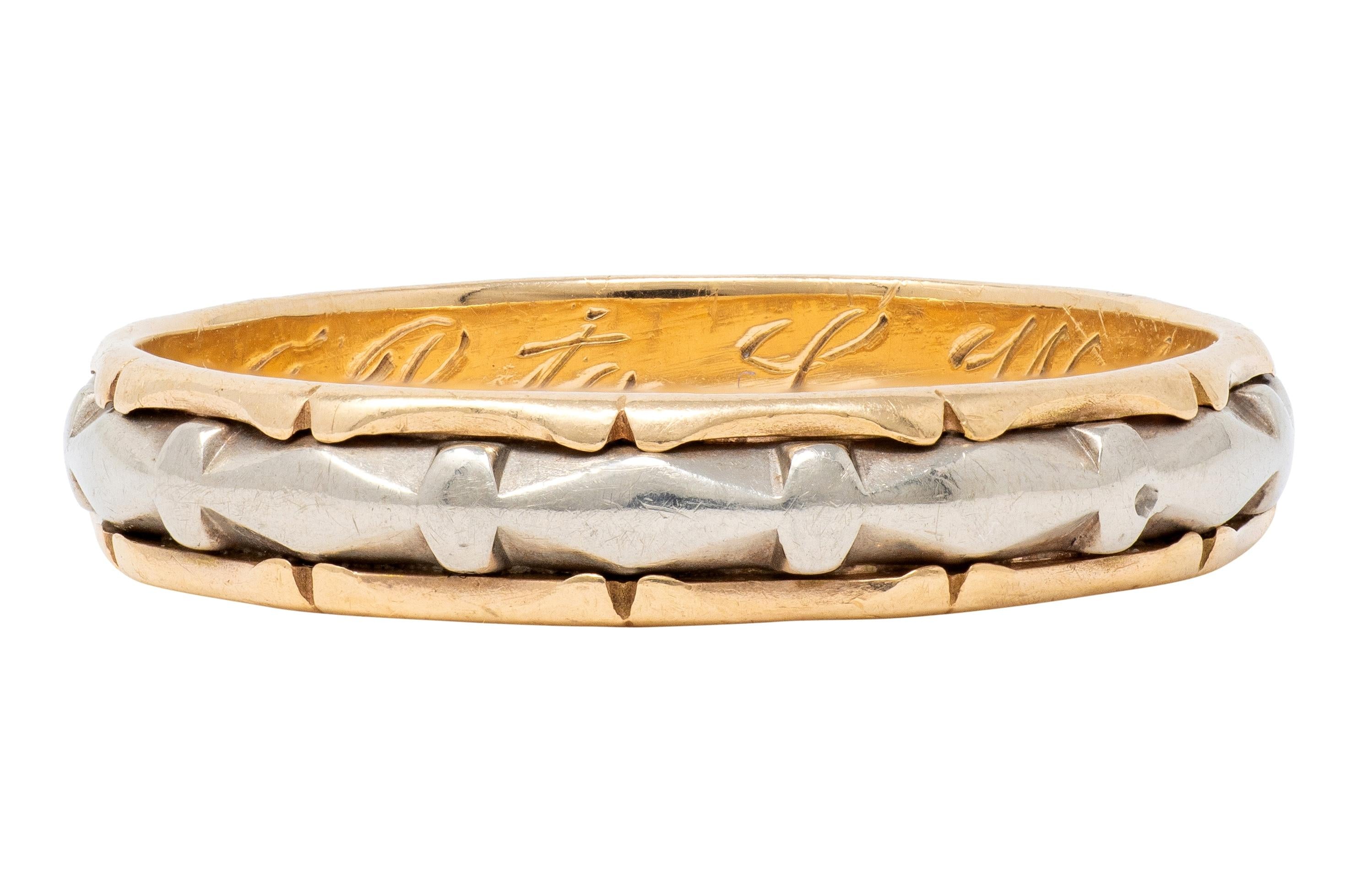 J.R. Woods & Sons 1953 14 Karat Two-Tone Gold Vintage Grooved Wedding Band Ring