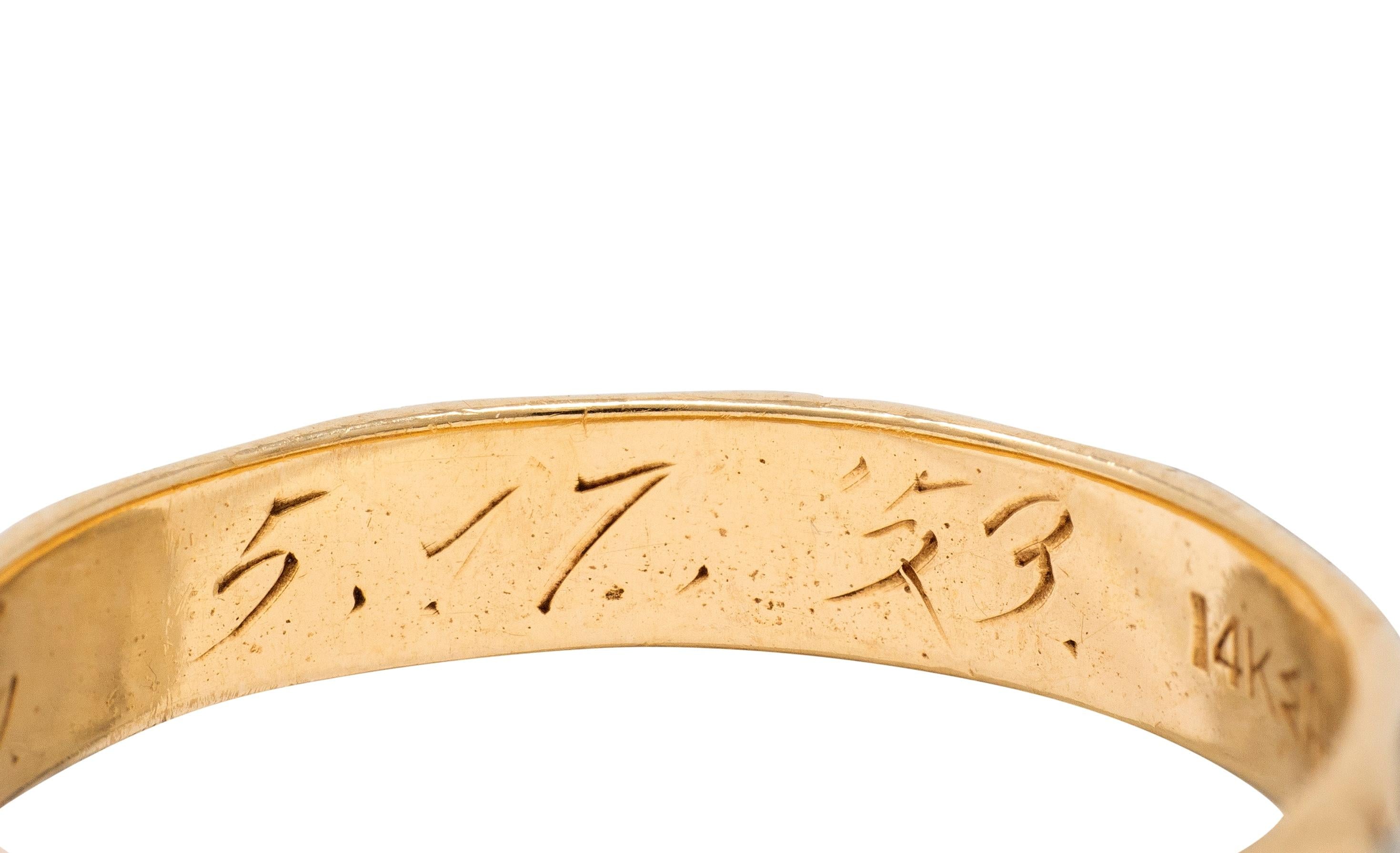 J.R. Woods & Sons 1953 14 Karat Two-Tone Gold Vintage Grooved Wedding Band Ring