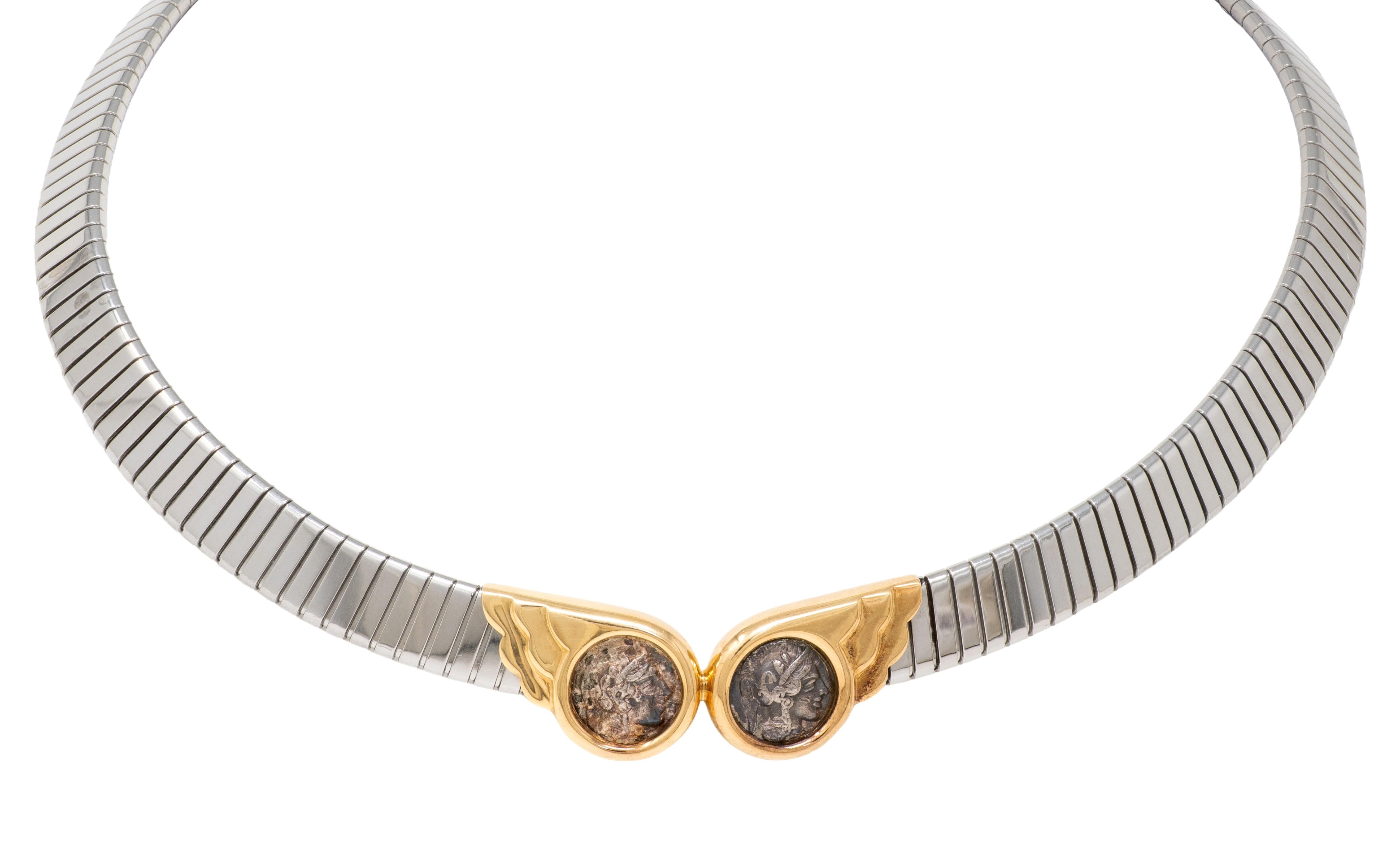 Bulgari 1980's Ancient Coin 18K Gold Stainless Steel Vintage Monete Necklace