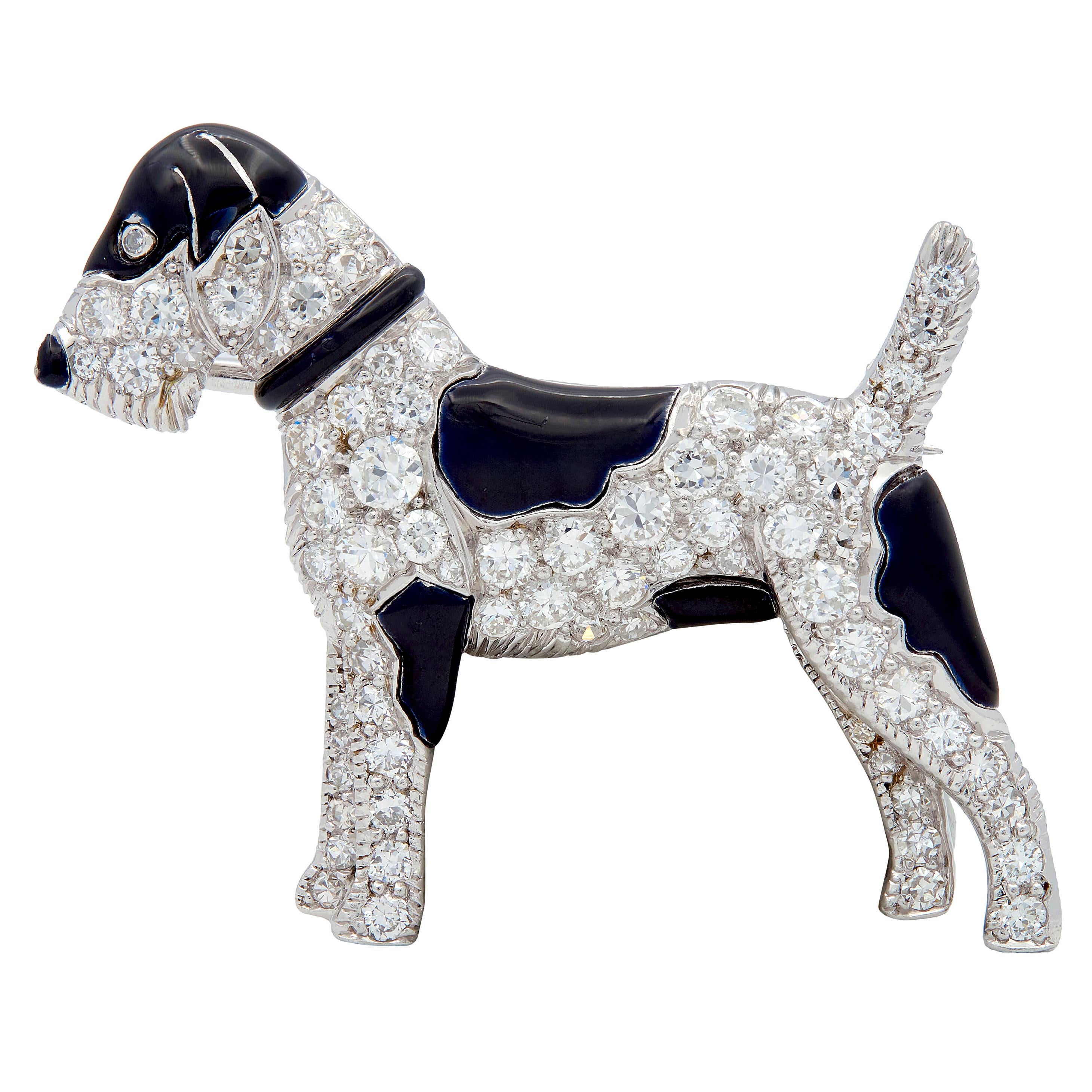 Art Deco Diamond Enamel Platinum Vintage Schnauzer Dog Brooch