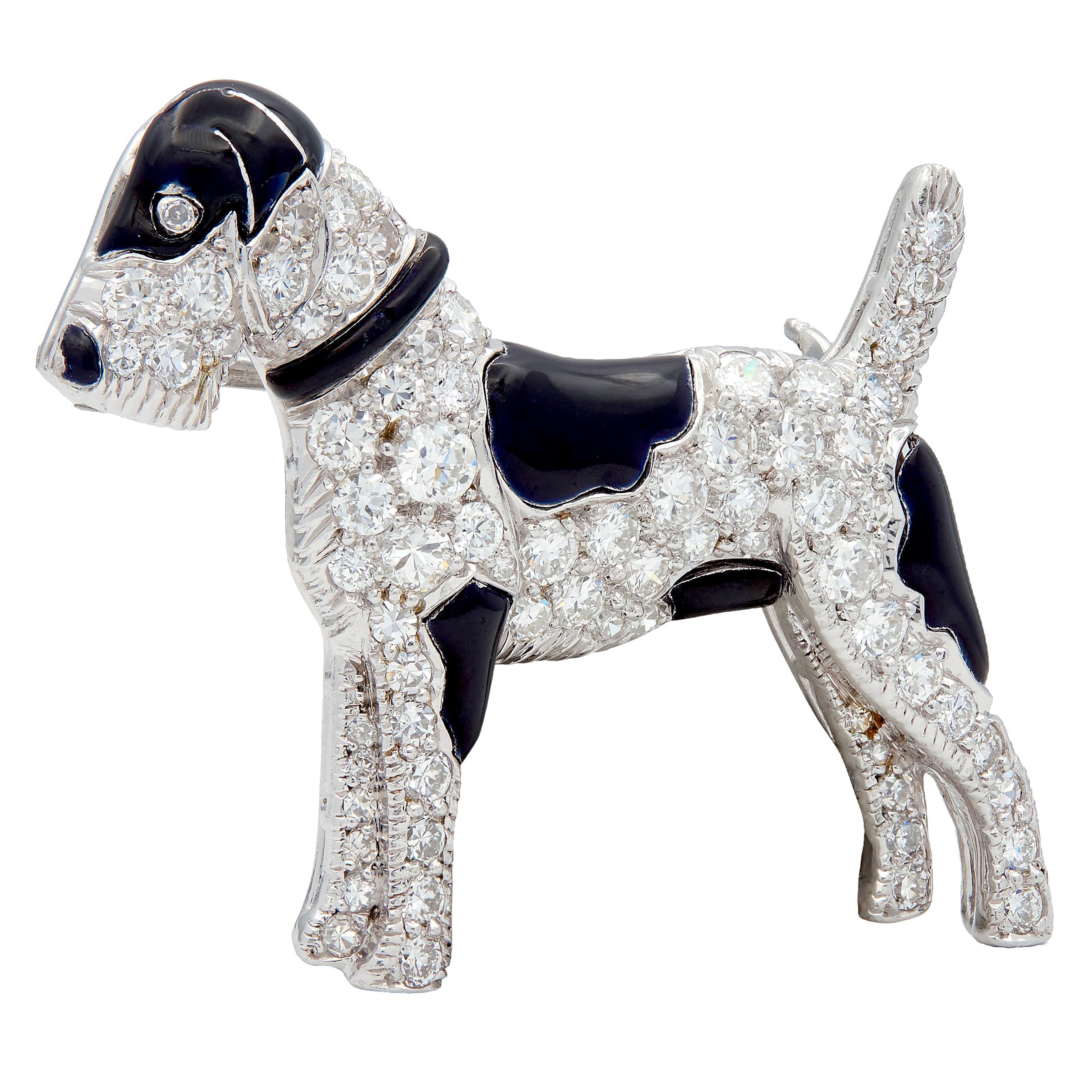 Art Deco Diamond Enamel Platinum Vintage Schnauzer Dog Brooch
