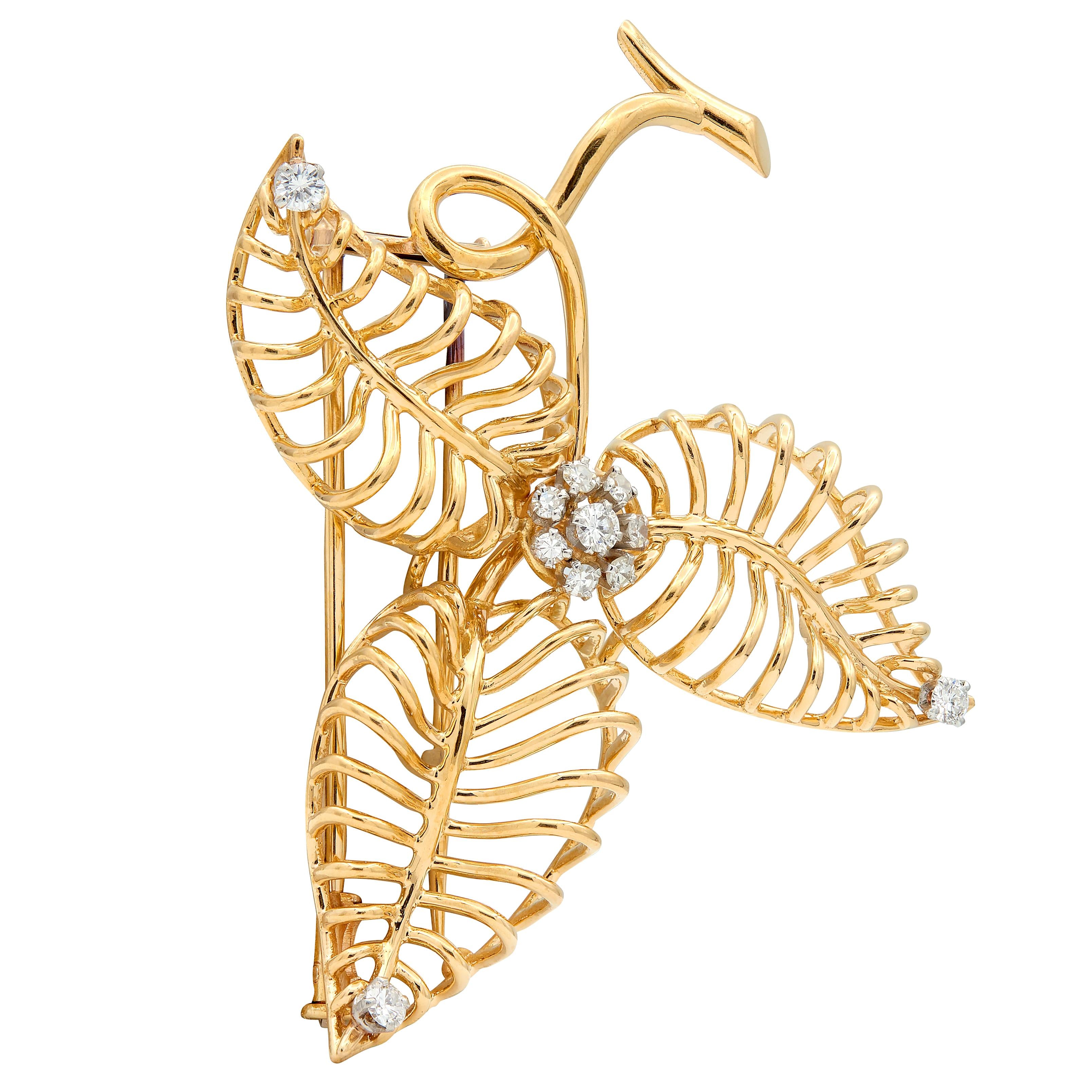 Boucheron Paris 1950's Diamond 18K Gold Platinum Vintage Wire Flower Brooch