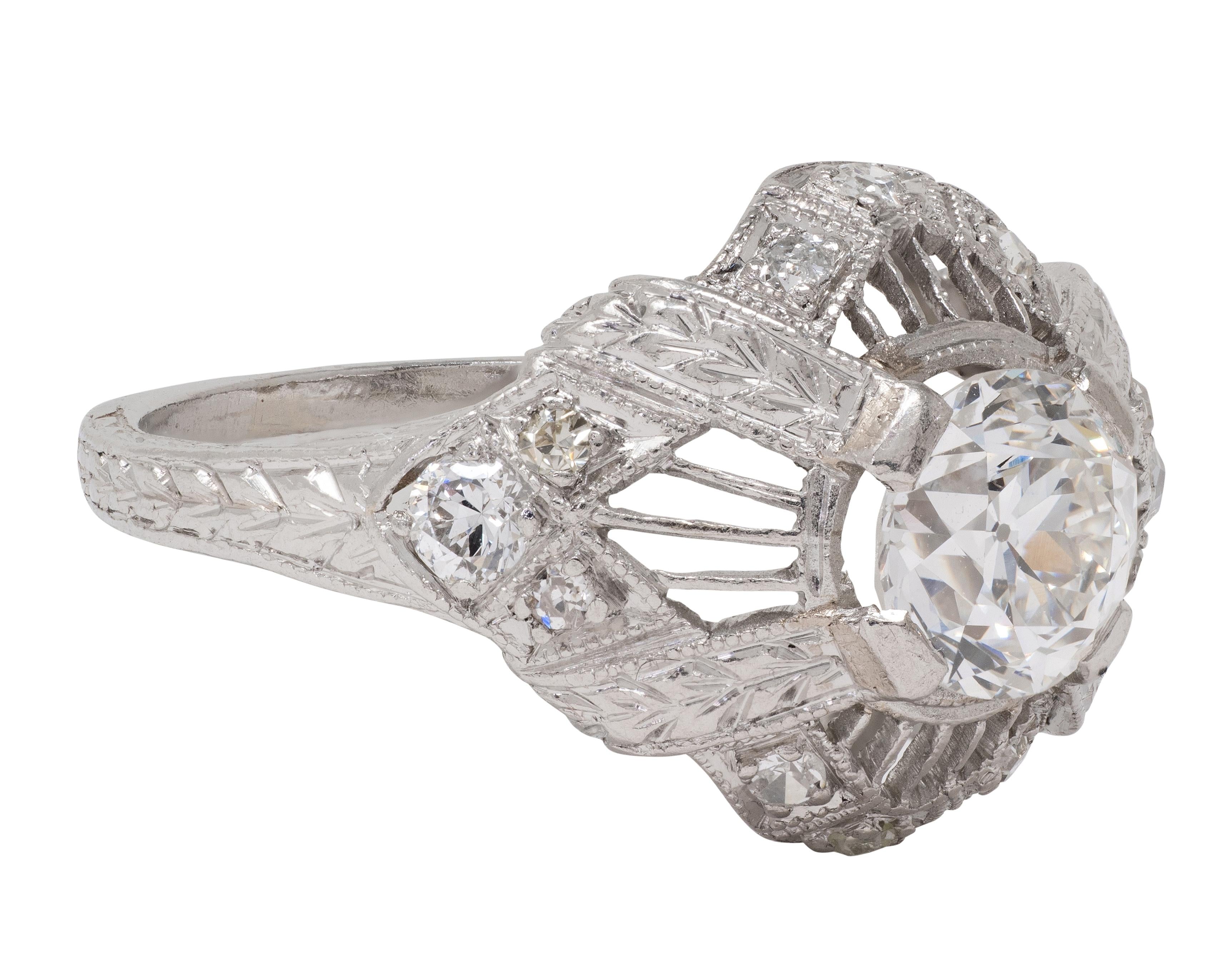 Art Deco European Diamond Platinum Vintage Wheat Bombe Engagement Ring