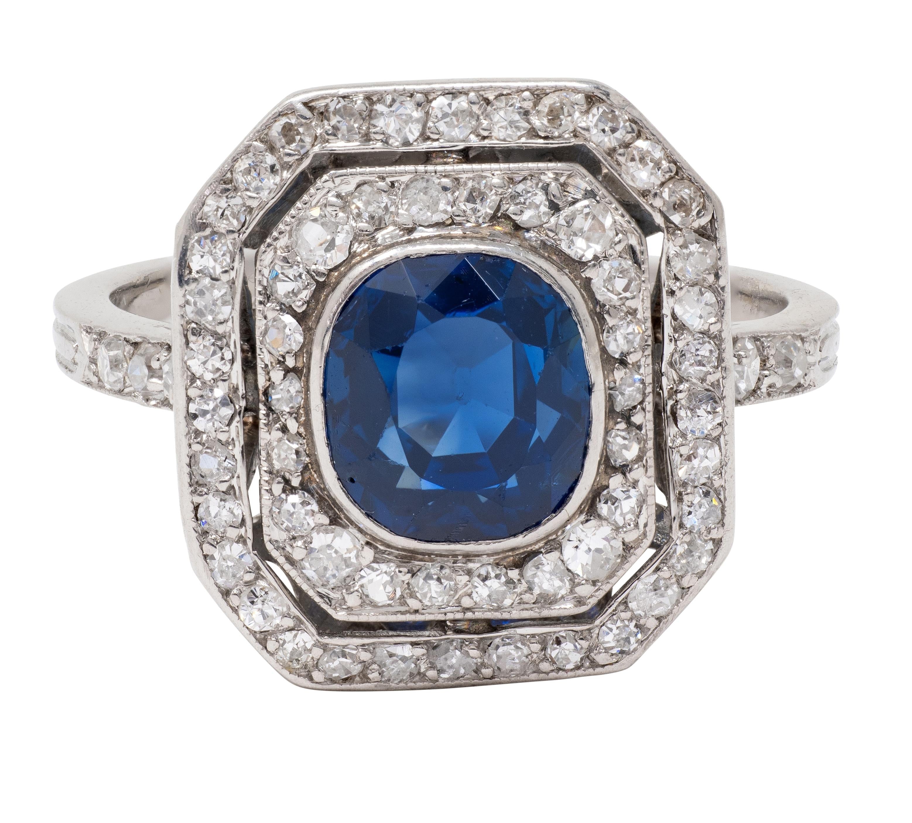 Art Deco 2.50 CTW Sapphire Diamond Platinum Vintage Double Halo Dinner Ring