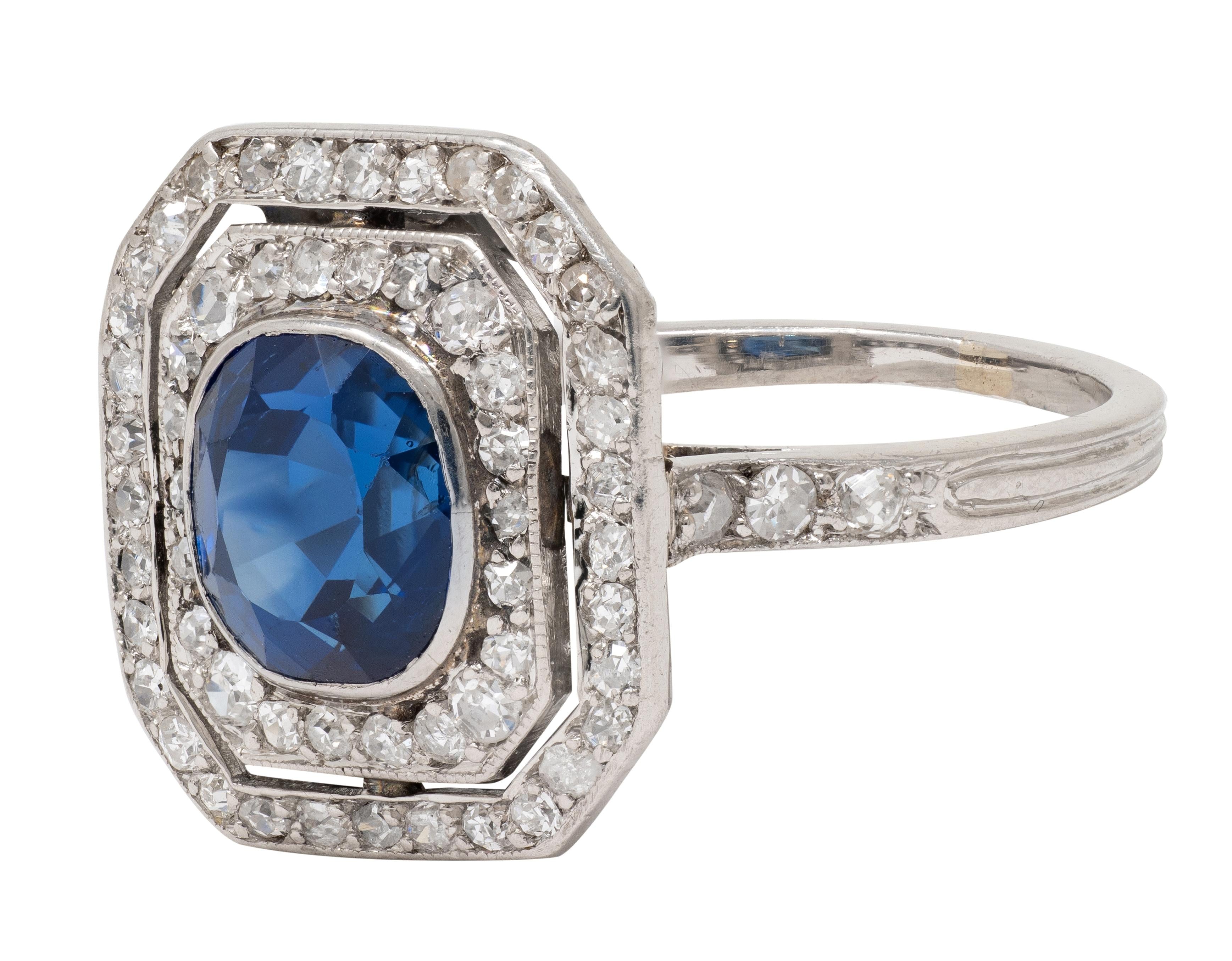 Art Deco 2.50 CTW Sapphire Diamond Platinum Vintage Double Halo Dinner Ring