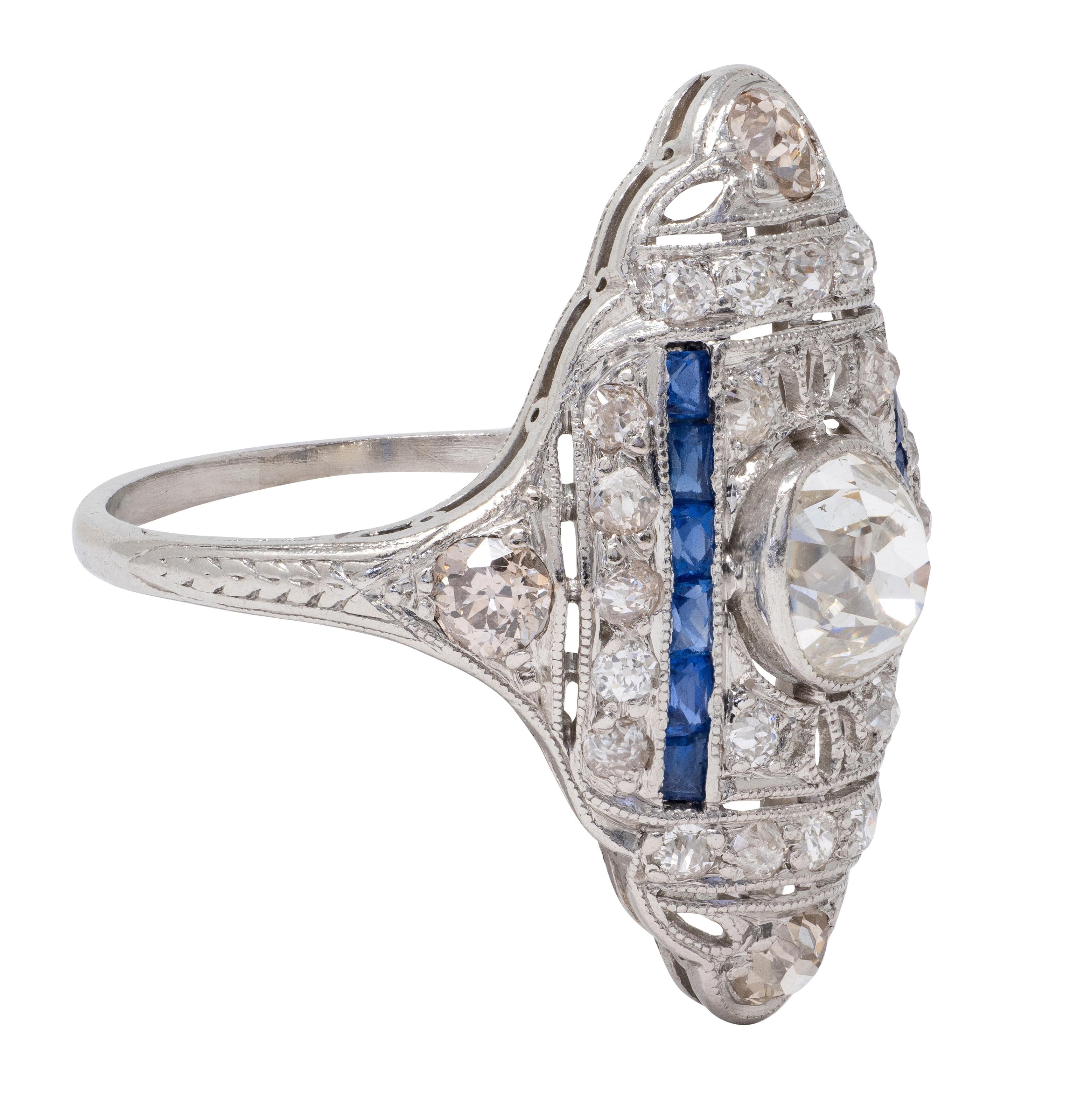 Art Deco 2.33 CTW Diamond Sapphire Platinum Vintage Foliate Navette Dinner Ring