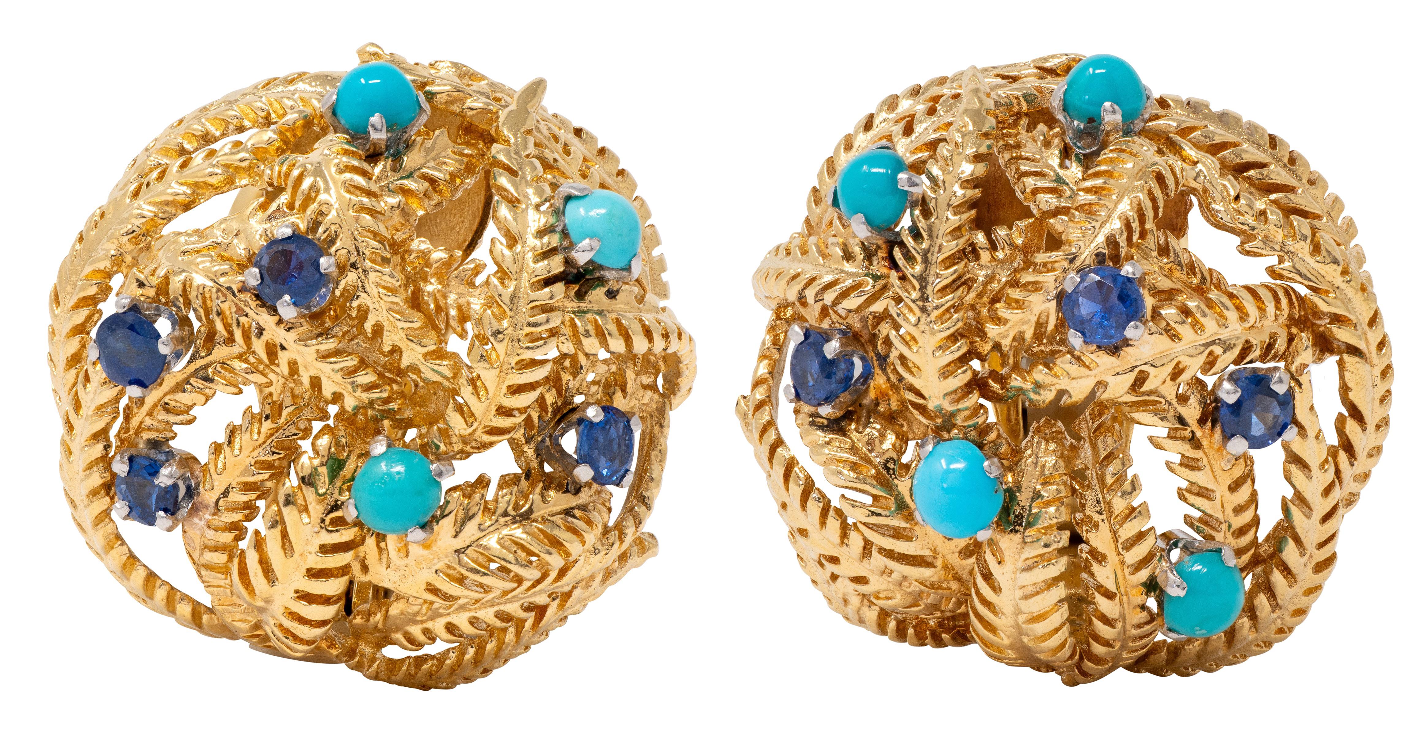 David Webb 1960's Sapphire Turquoise 18K Gold Platinum Feather Ear-Clip Earrings