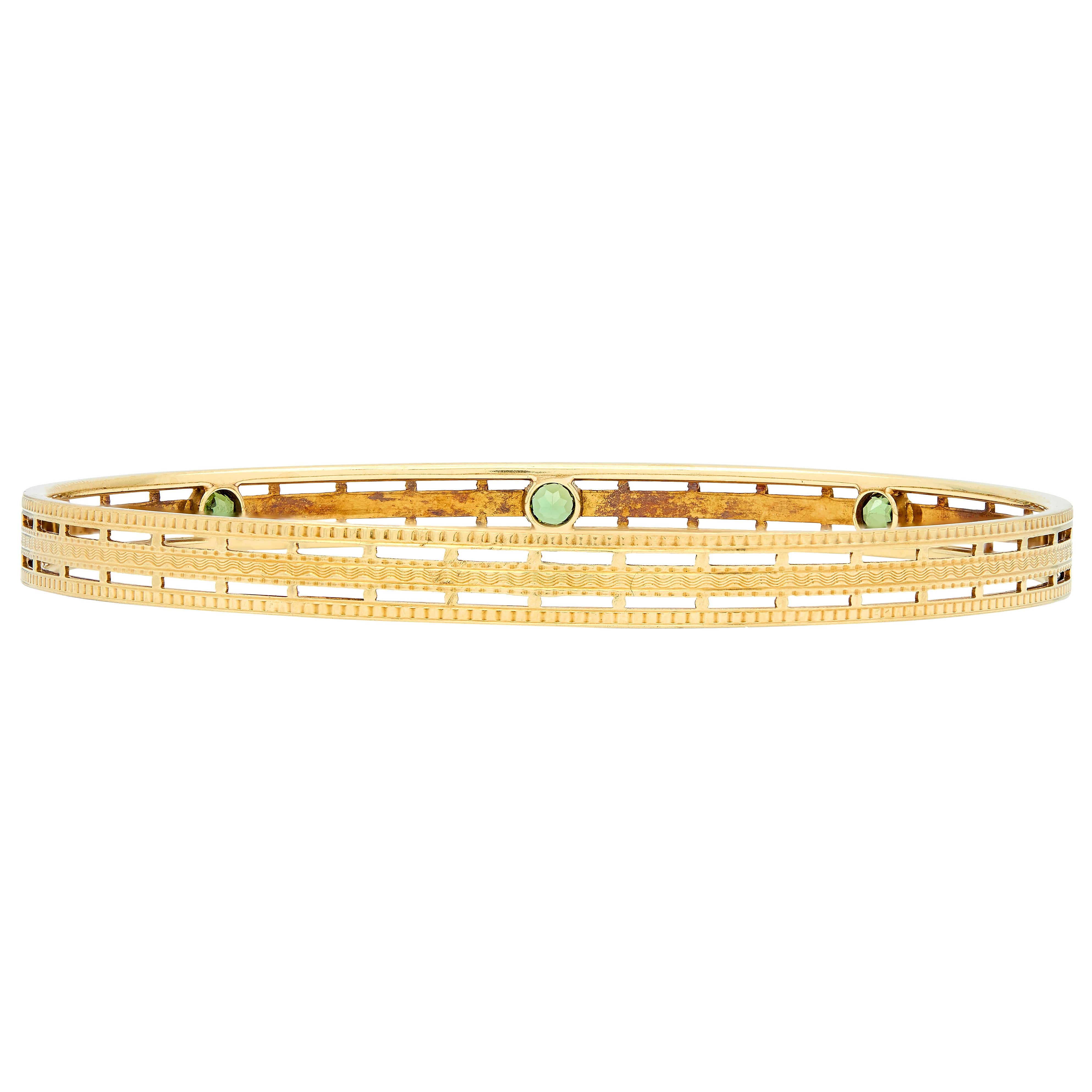Carter Gough & Co. Art Nouveau Tourmaline 14K Gold Antique Bangle Bracelet