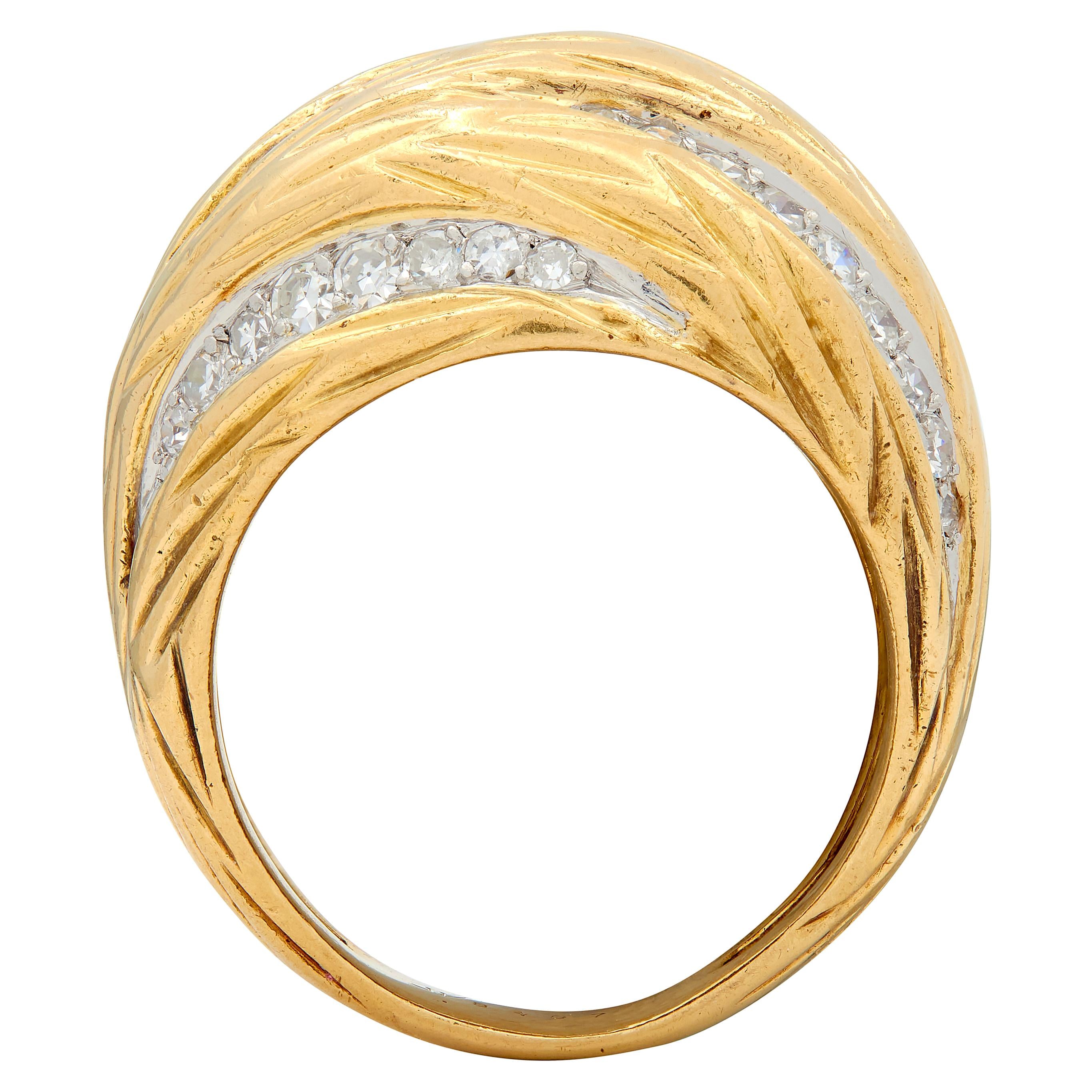 Mauboussin Paris 1960's Diamond 18 Karat Yellow Gold Platinum Vintage Dome Ring