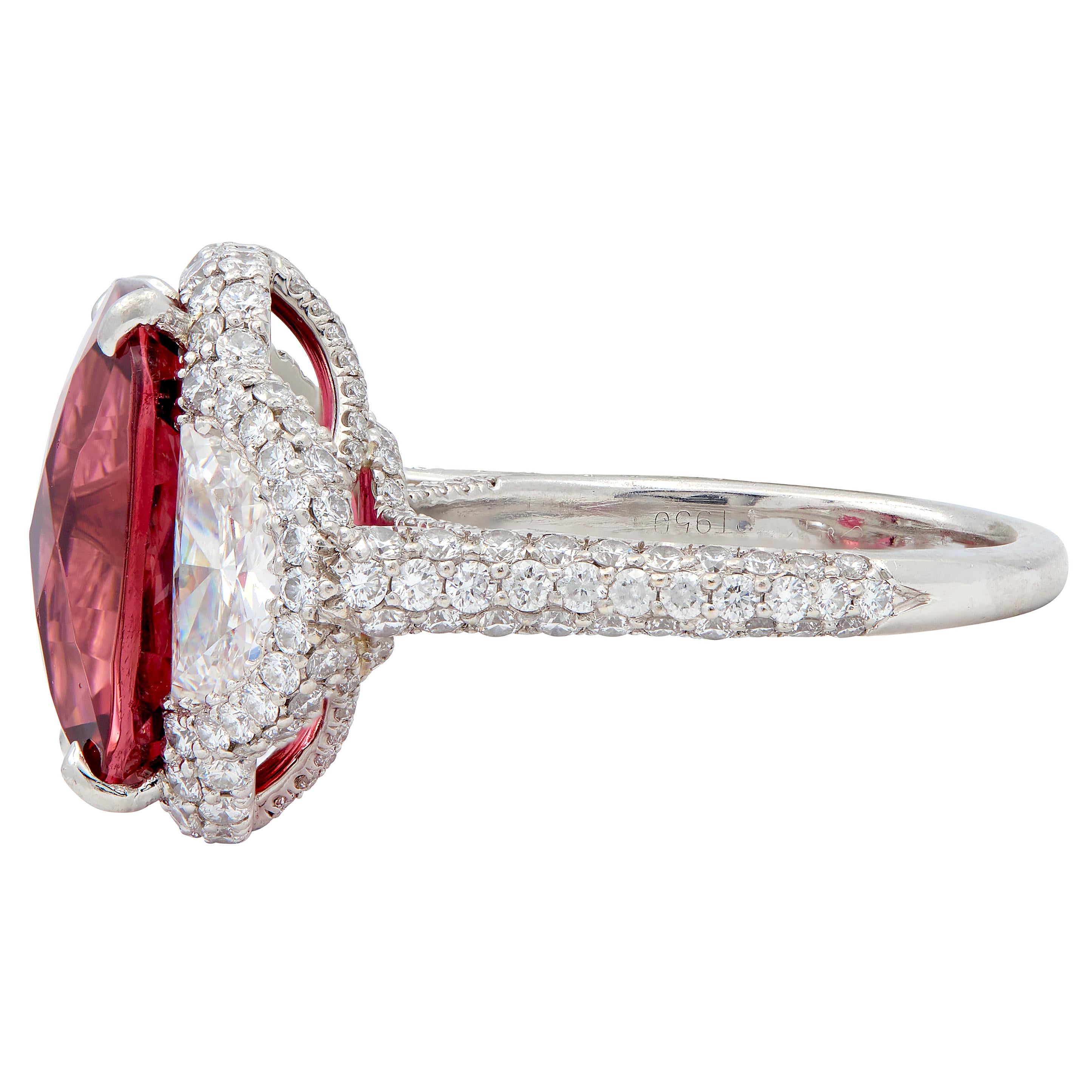Diamond Rubellite Tourmaline Platinum Contemporary Three Stone Halo Ring