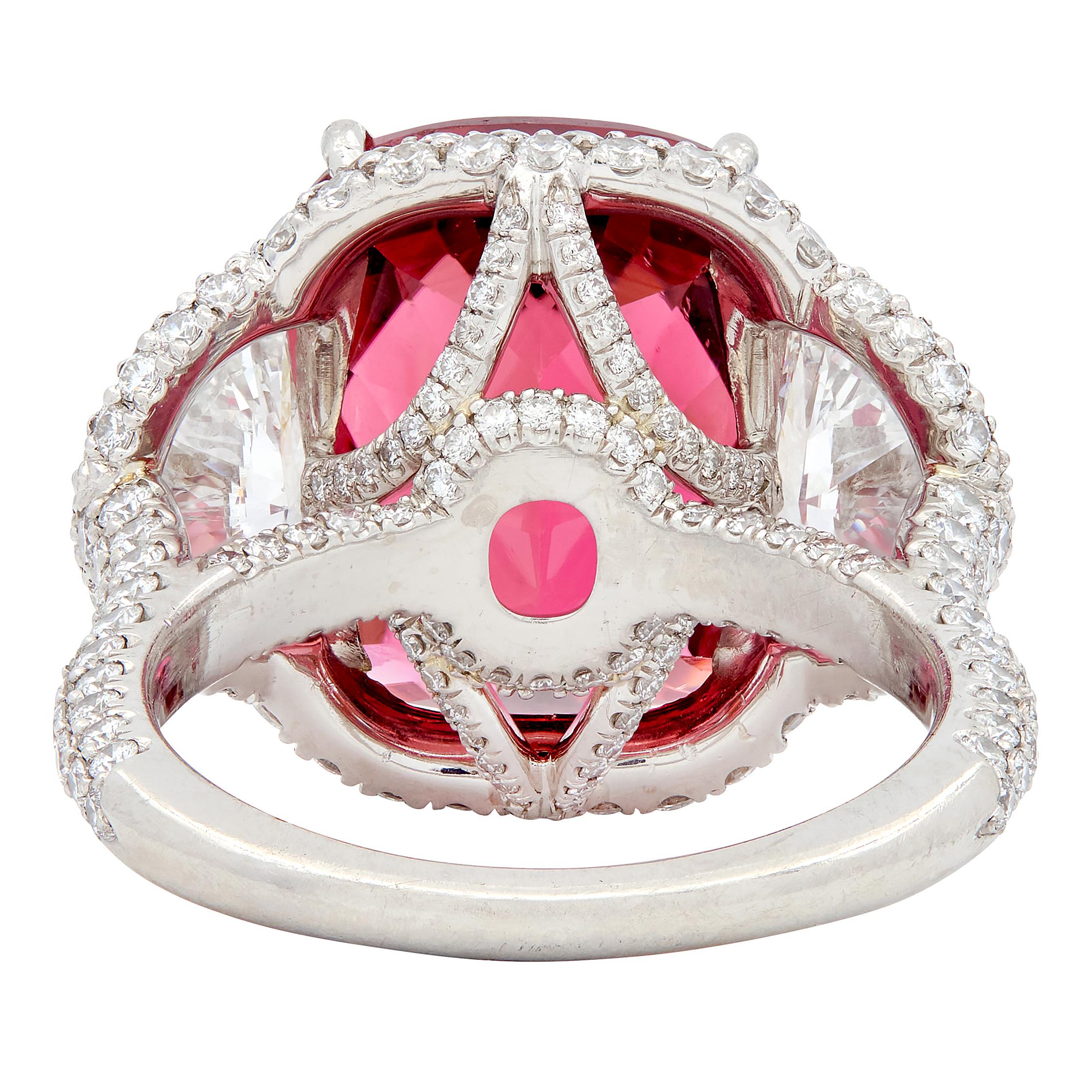 Diamond Rubellite Tourmaline Platinum Contemporary Three Stone Halo Ring