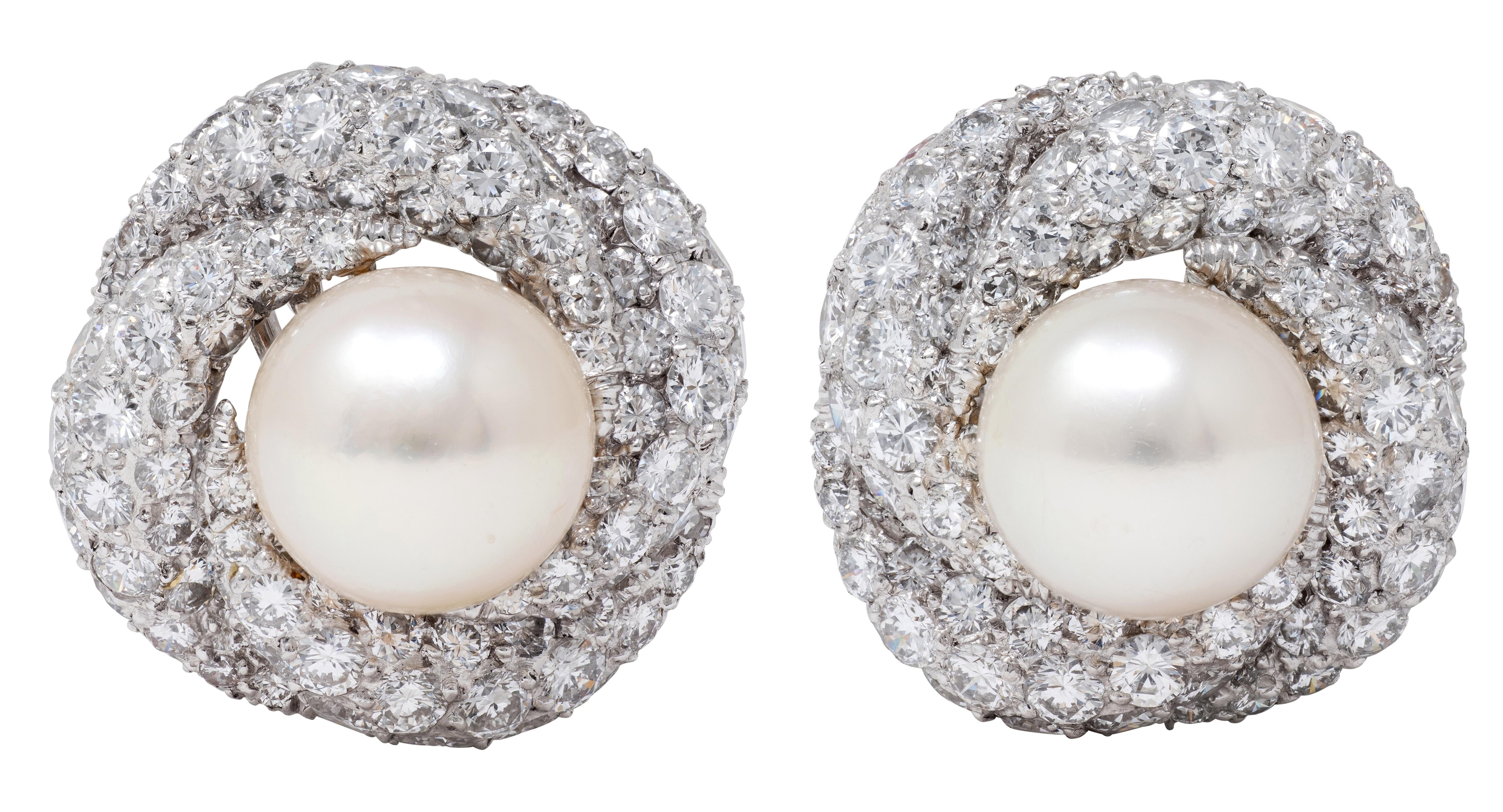 Mid-Century Diamond South Sea Pearl Platinum Vintage Pavé Swirl Ear-Clip Earring