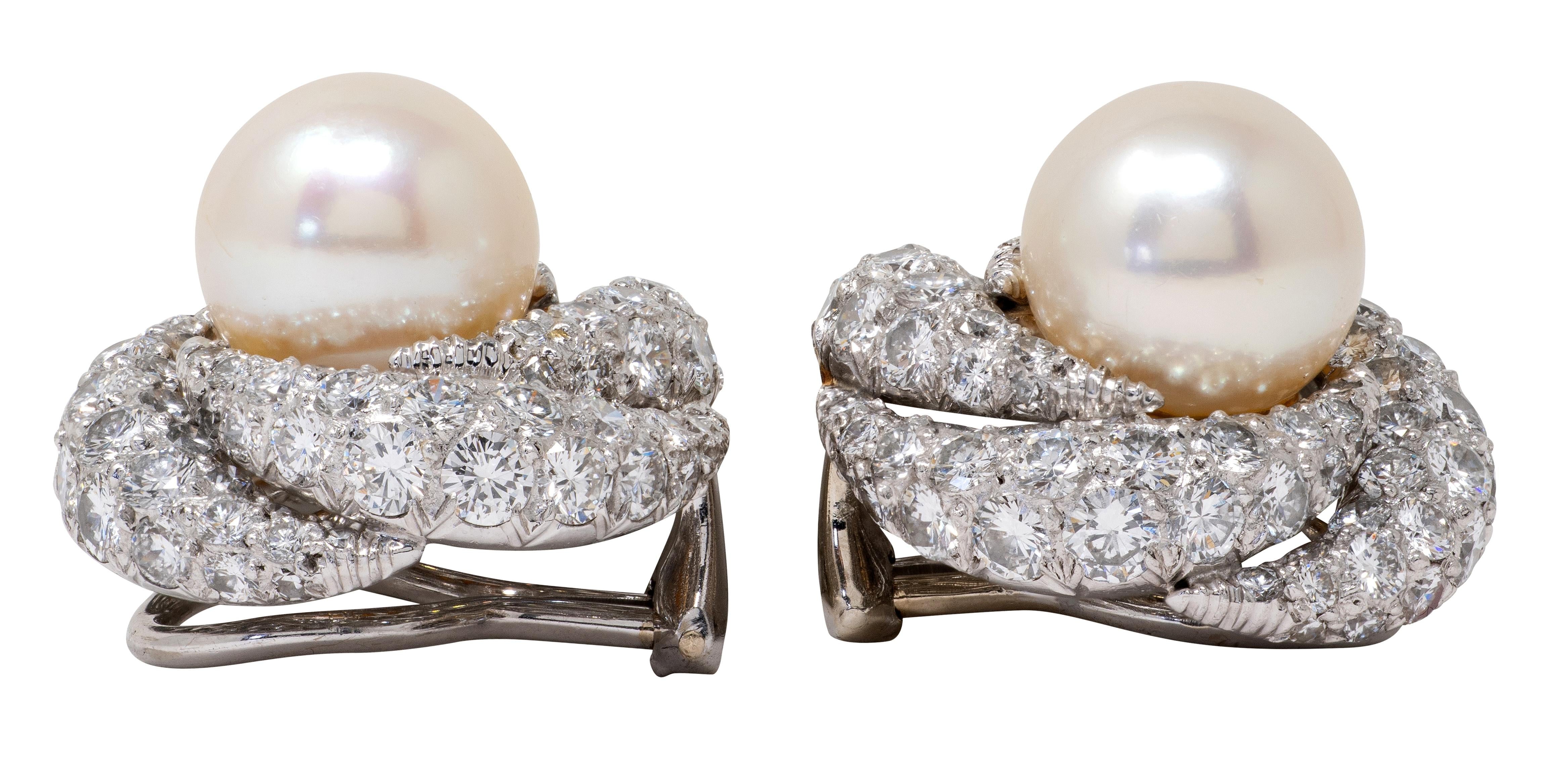Mid-Century Diamond South Sea Pearl Platinum Vintage Pavé Swirl Ear-Clip Earring