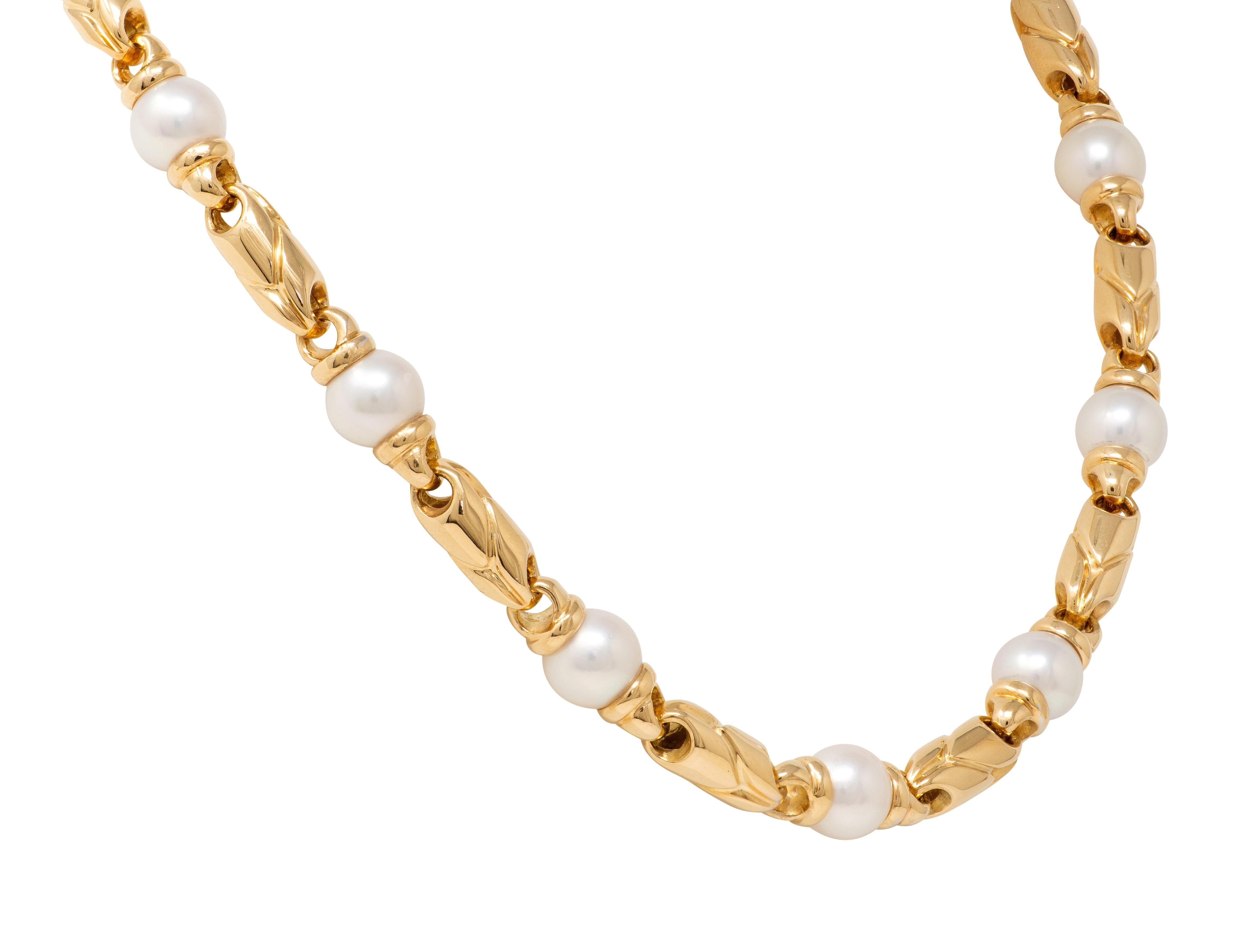 Bulgari 1980's Pearl 18 Karat Yellow Gold Vintage Passo Doppio Station Necklace