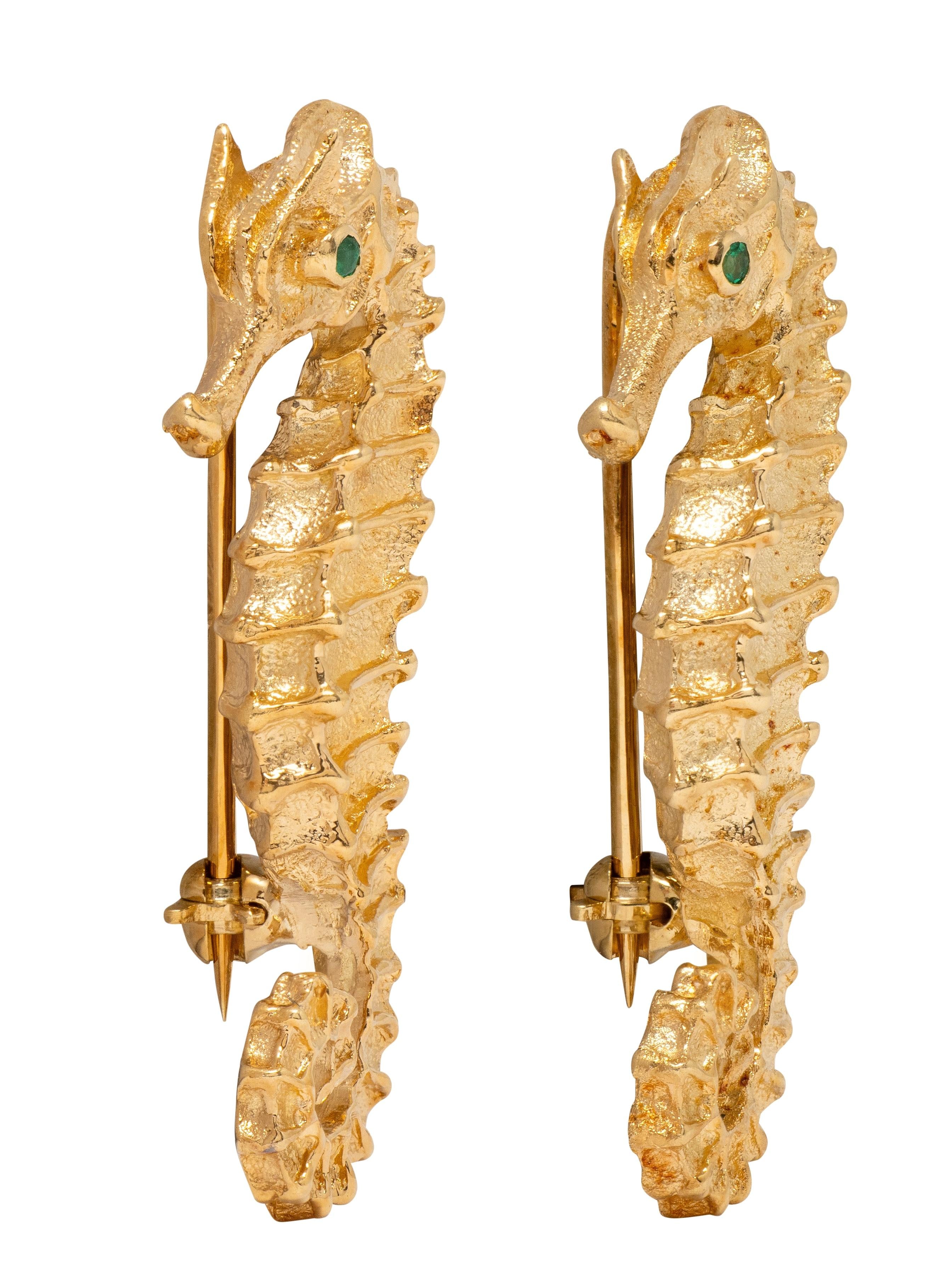 Tiffany & Co. 1991 Emerald Diamond 18K Two-Tone Gold Vintage Seahorse Brooch Set