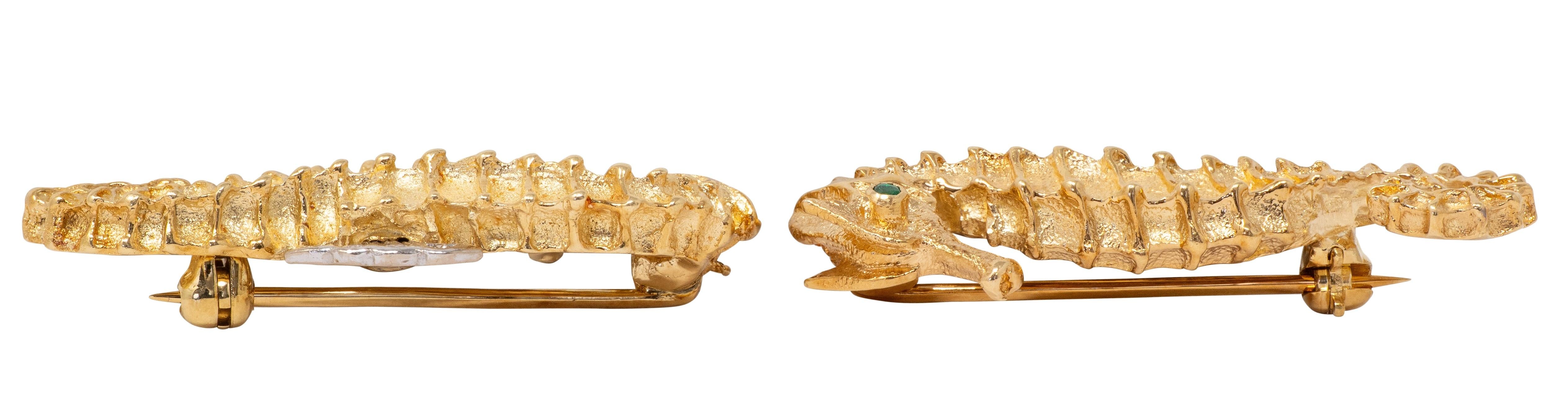 Tiffany & Co. 1991 Emerald Diamond 18K Two-Tone Gold Vintage Seahorse Brooch Set