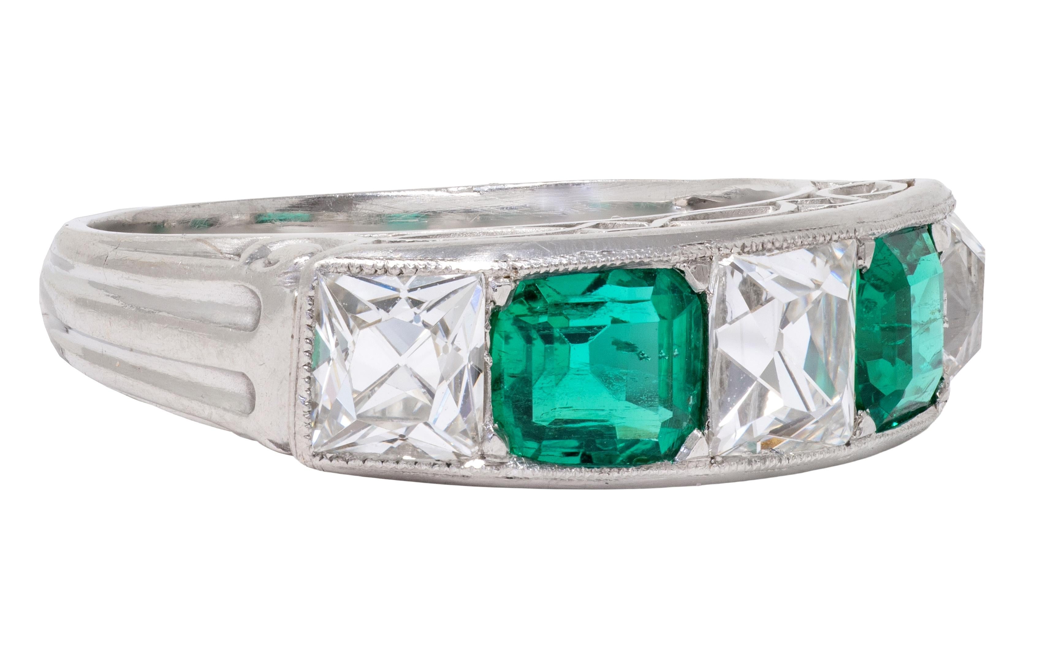 Tiffany & Co. Art Deco French Cut Diamond Emerald Platinum Vintage Band Ring
