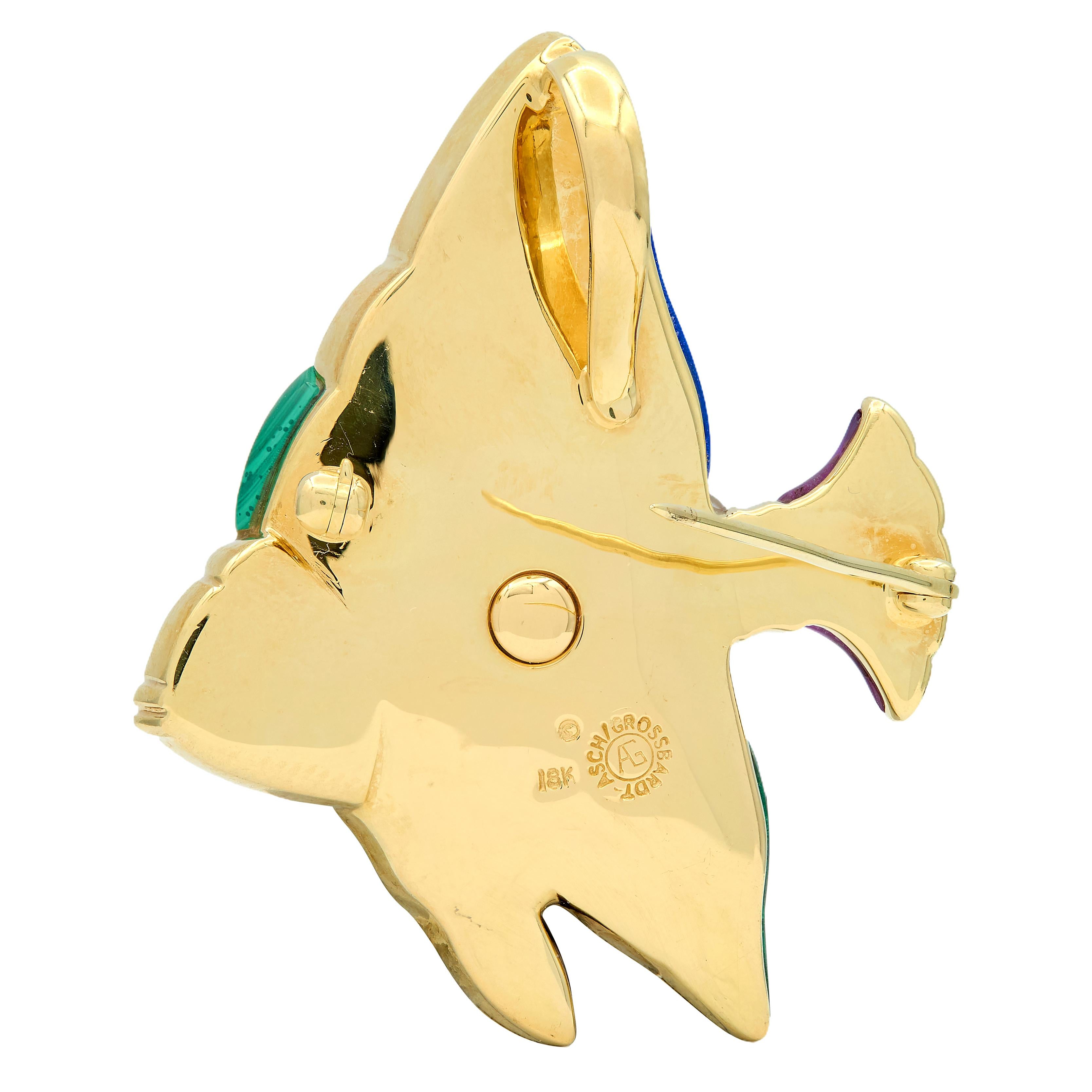 Asch Grossbardt 1980's Diamond Multi-Gem 18K Gold Vintage Fish Pendant Brooch