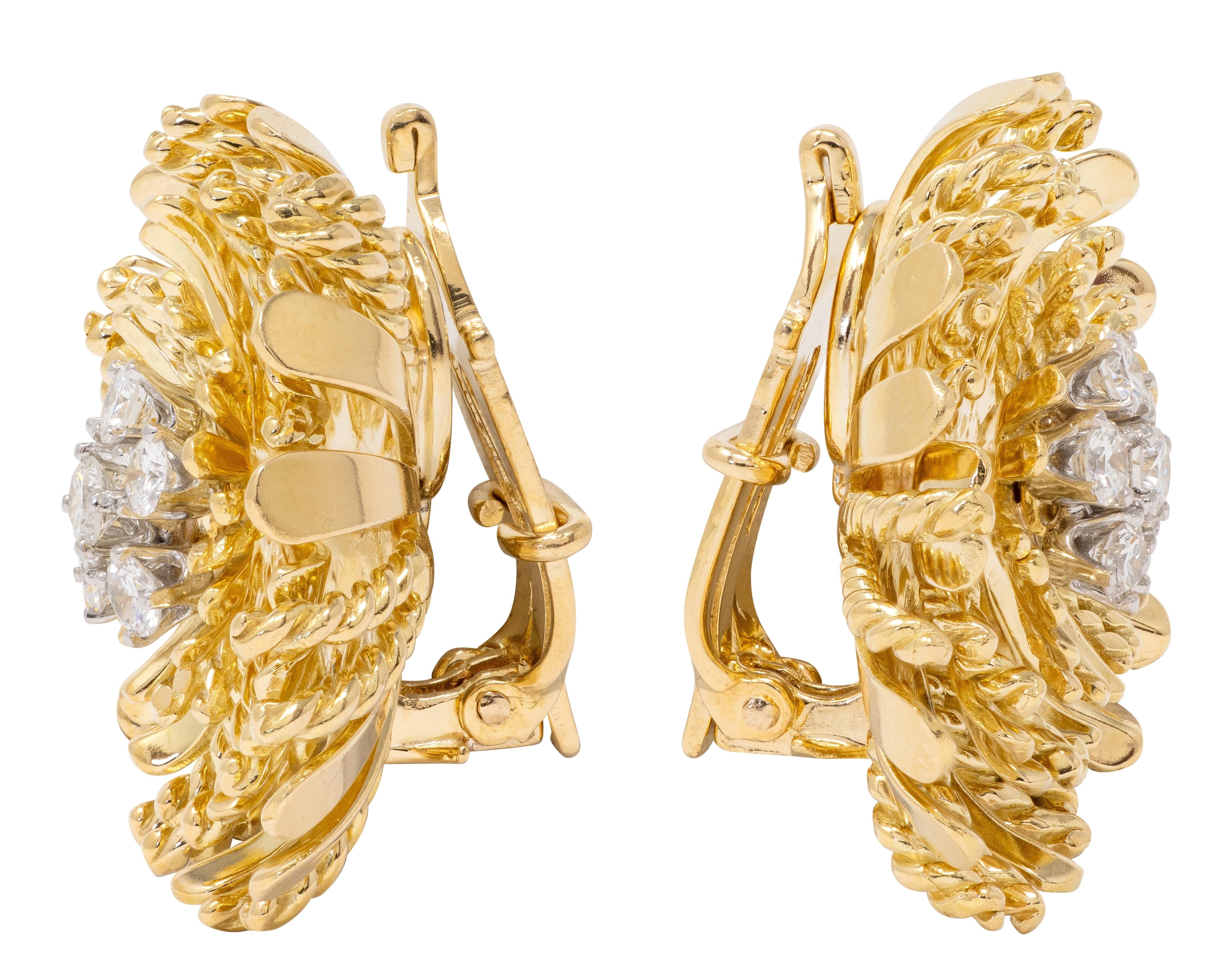 Cartier 1960's Diamond 18K Gold Platinum Vintage Rope Flower Ear-Clip Earrings