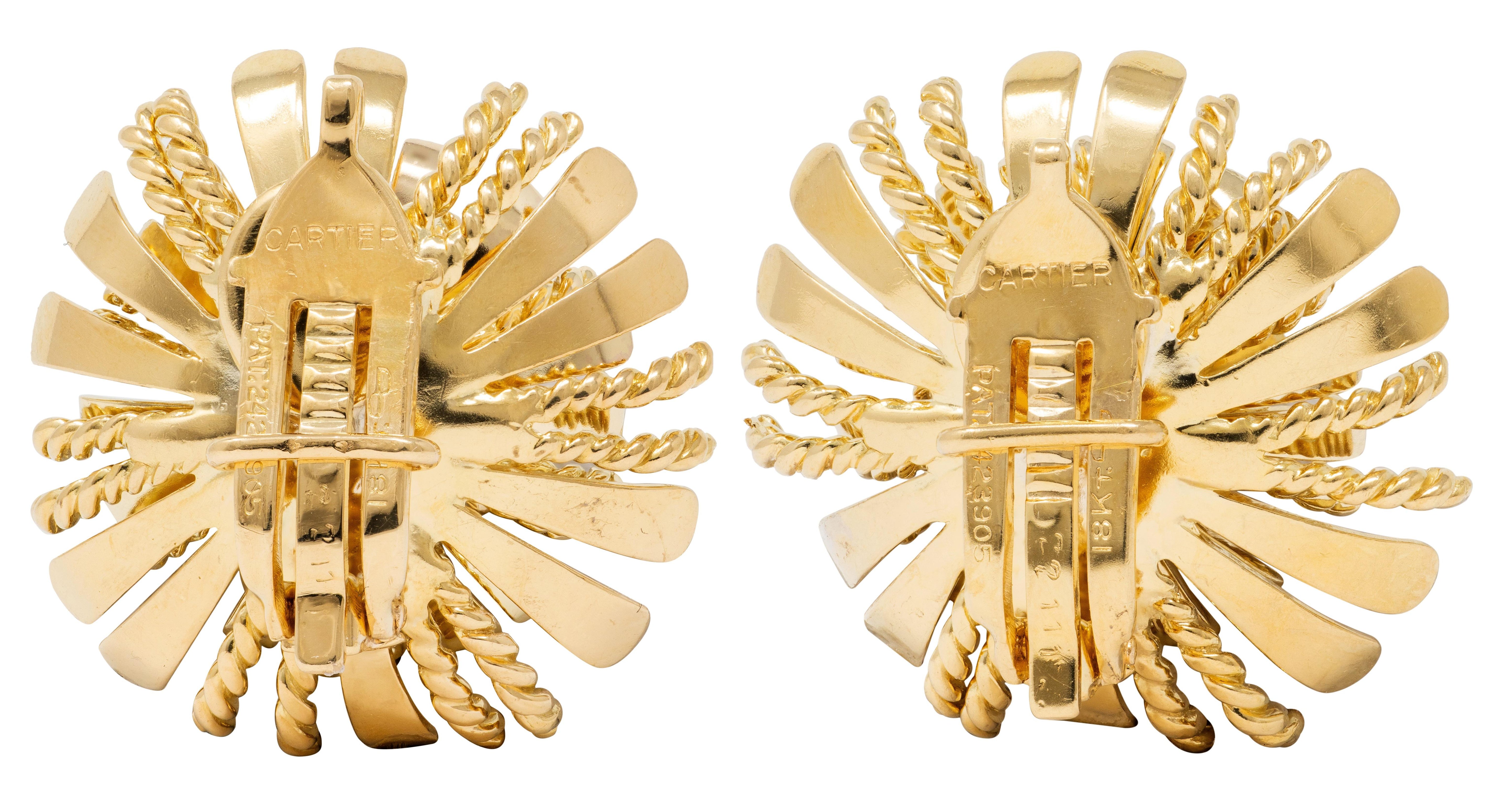 Cartier 1960's Diamond 18K Gold Platinum Vintage Rope Flower Ear-Clip Earrings