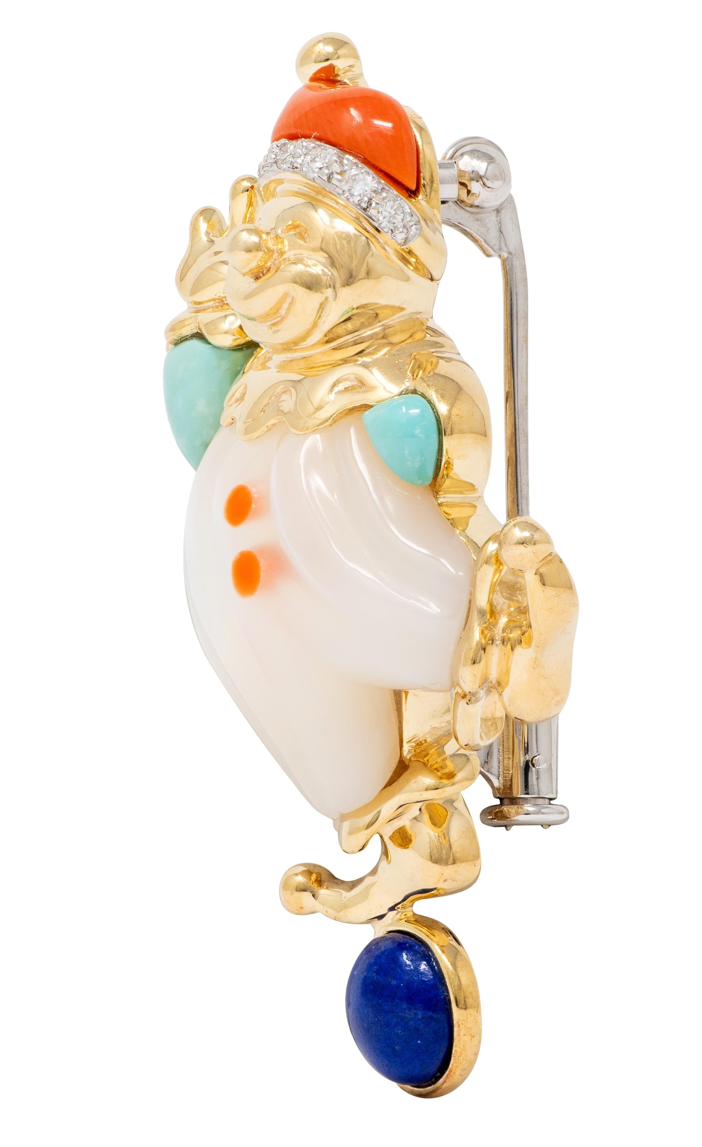 Asch Grossbardt 1980's Multi-Gem Diamond 14K Gold Vintage Inlay Clown Brooch