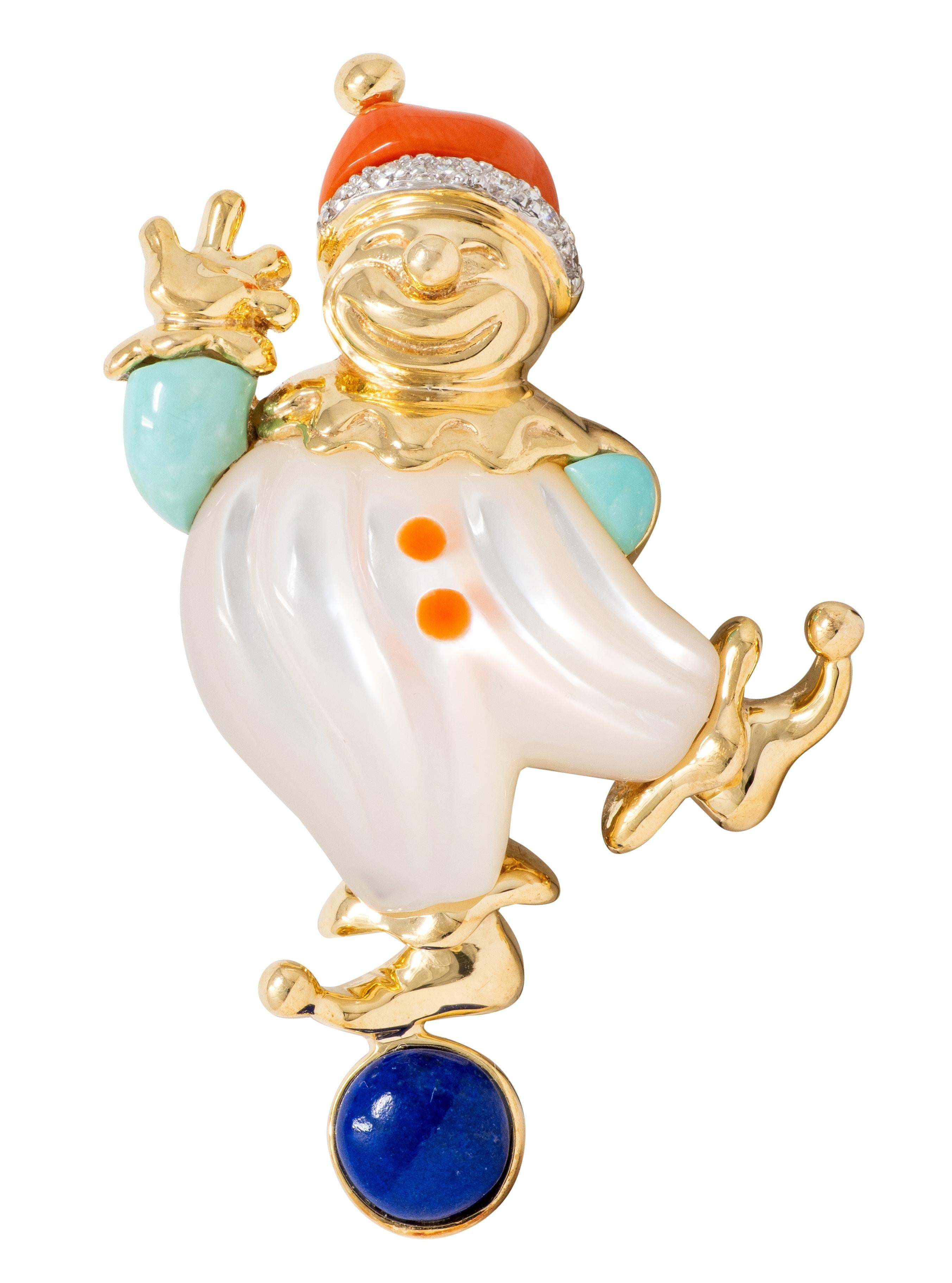 Asch Grossbardt 1980's Multi-Gem Diamond 14K Gold Vintage Inlay Clown Brooch