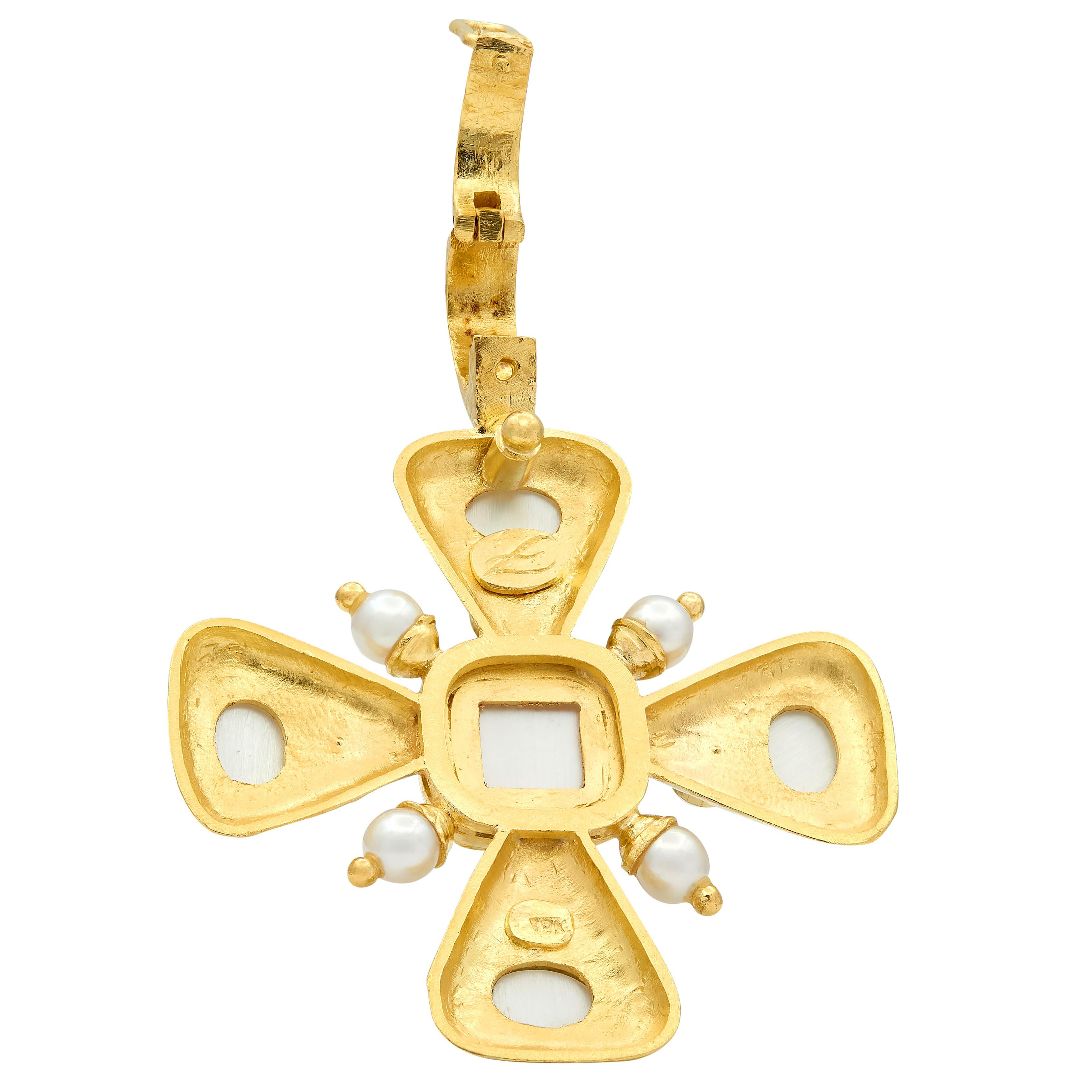 Elizabeth Locke 1990's Pearl Aquamarine 19K Gold Vintage Hammered Cross Pendant