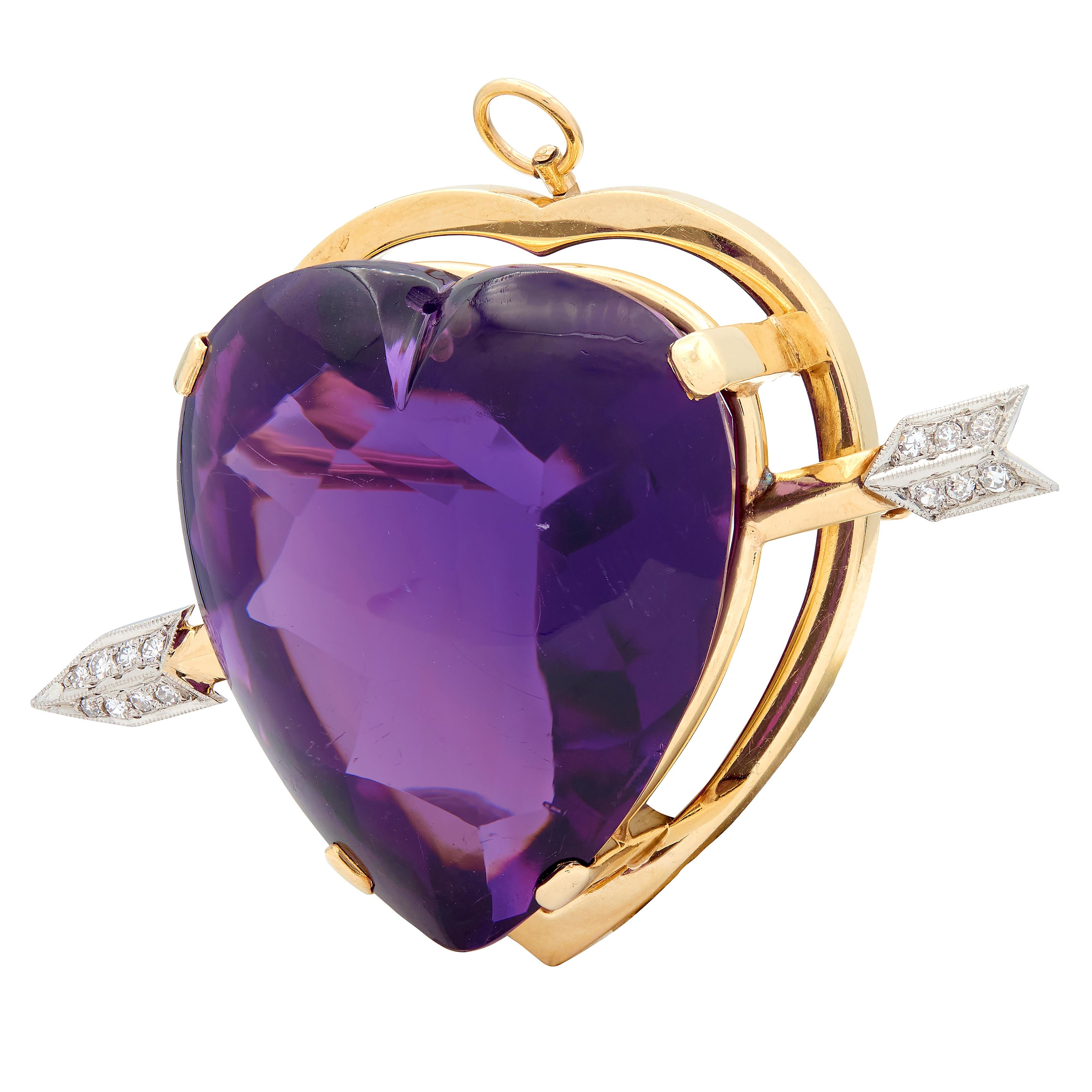 Victorian Amethyst Diamond 14 Karat Gold Antique Arrow & Heart Pendant Brooch