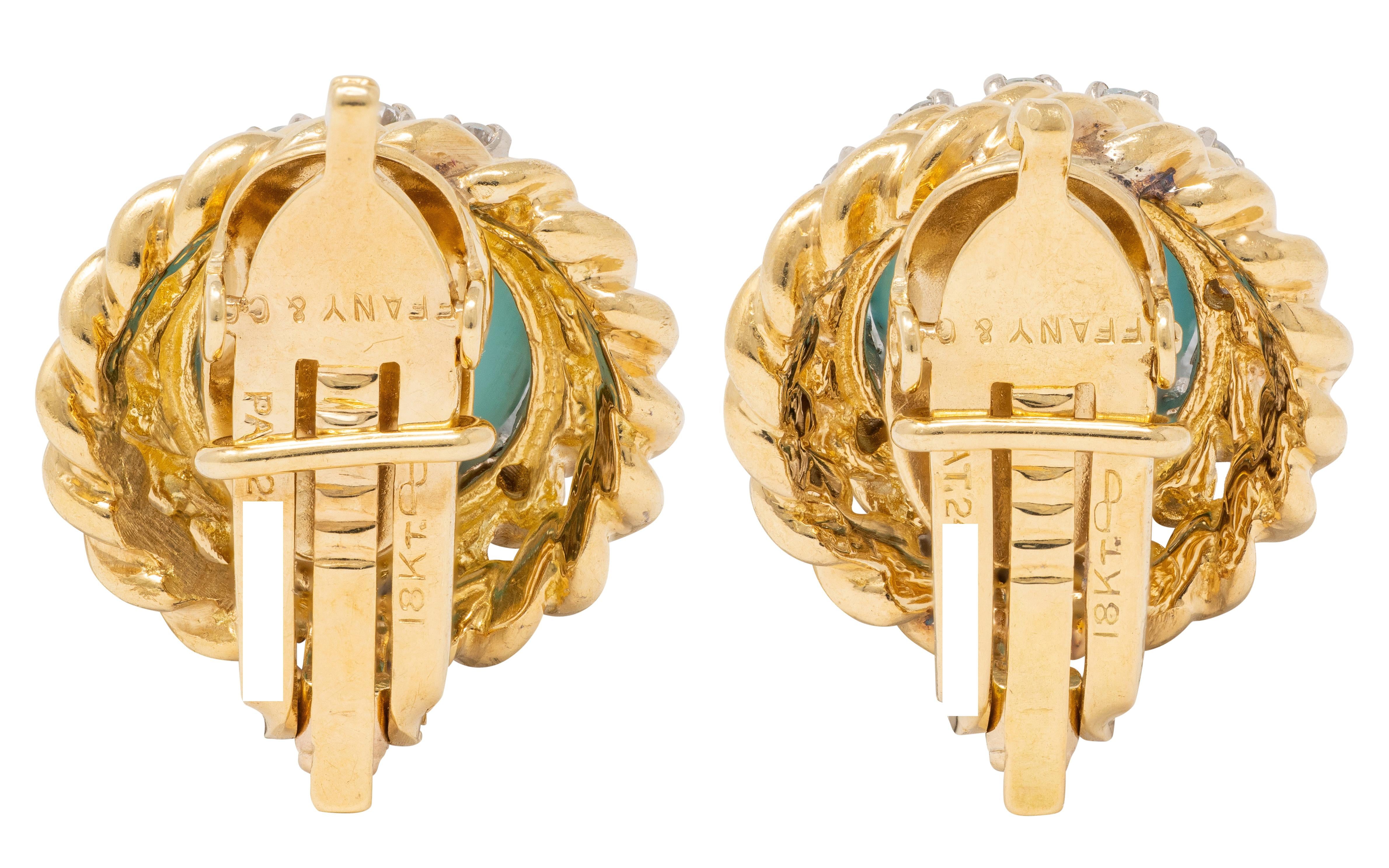 Tiffany & Co. 1960s Turquoise Diamond 18K Gold Vintage Twisted Ear-Clip Earrings