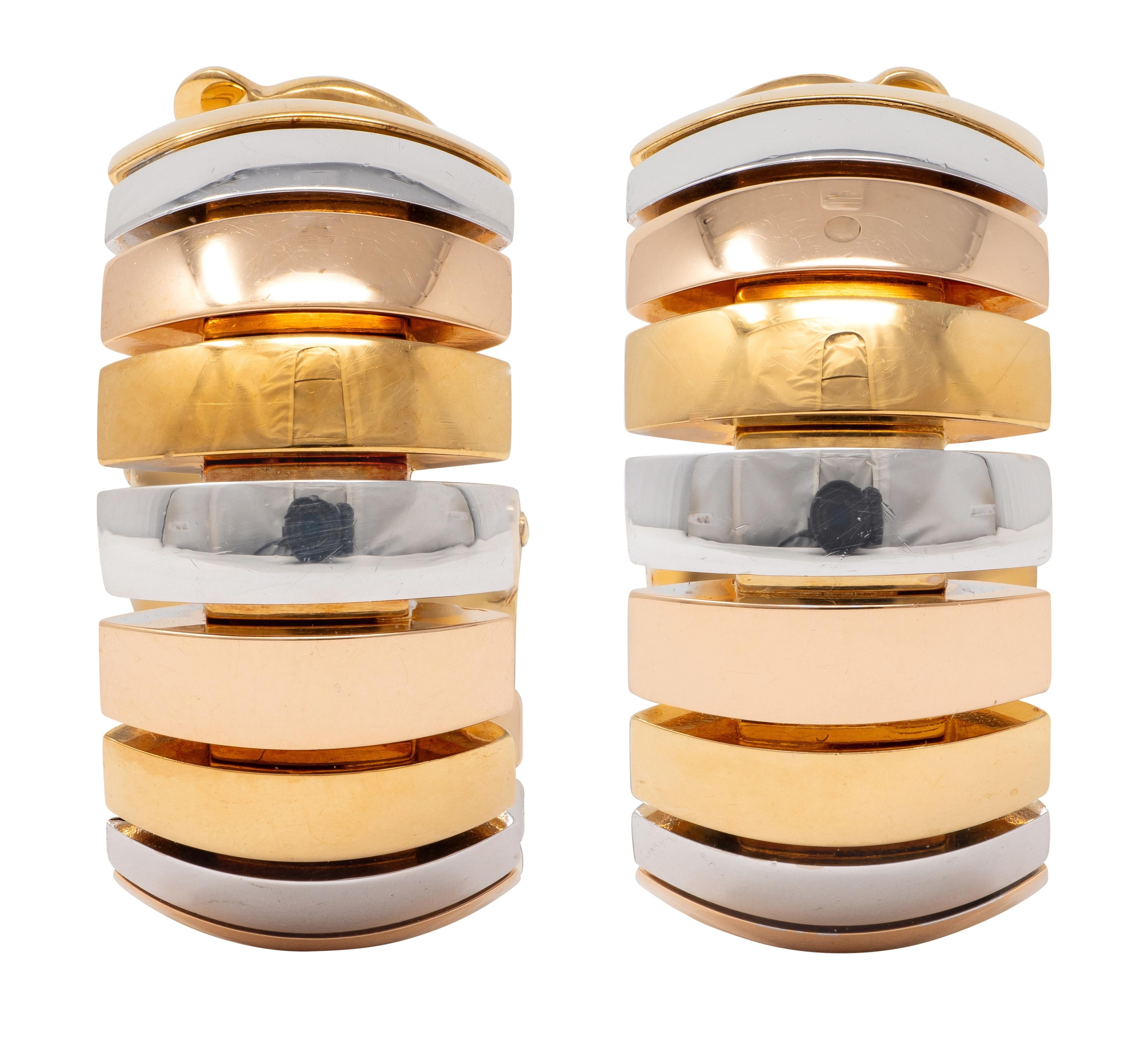 Cartier 1990s 18 Karat Tri-Colored Gold Vintage Trinity J-Hoop Ear-Clip Earrings