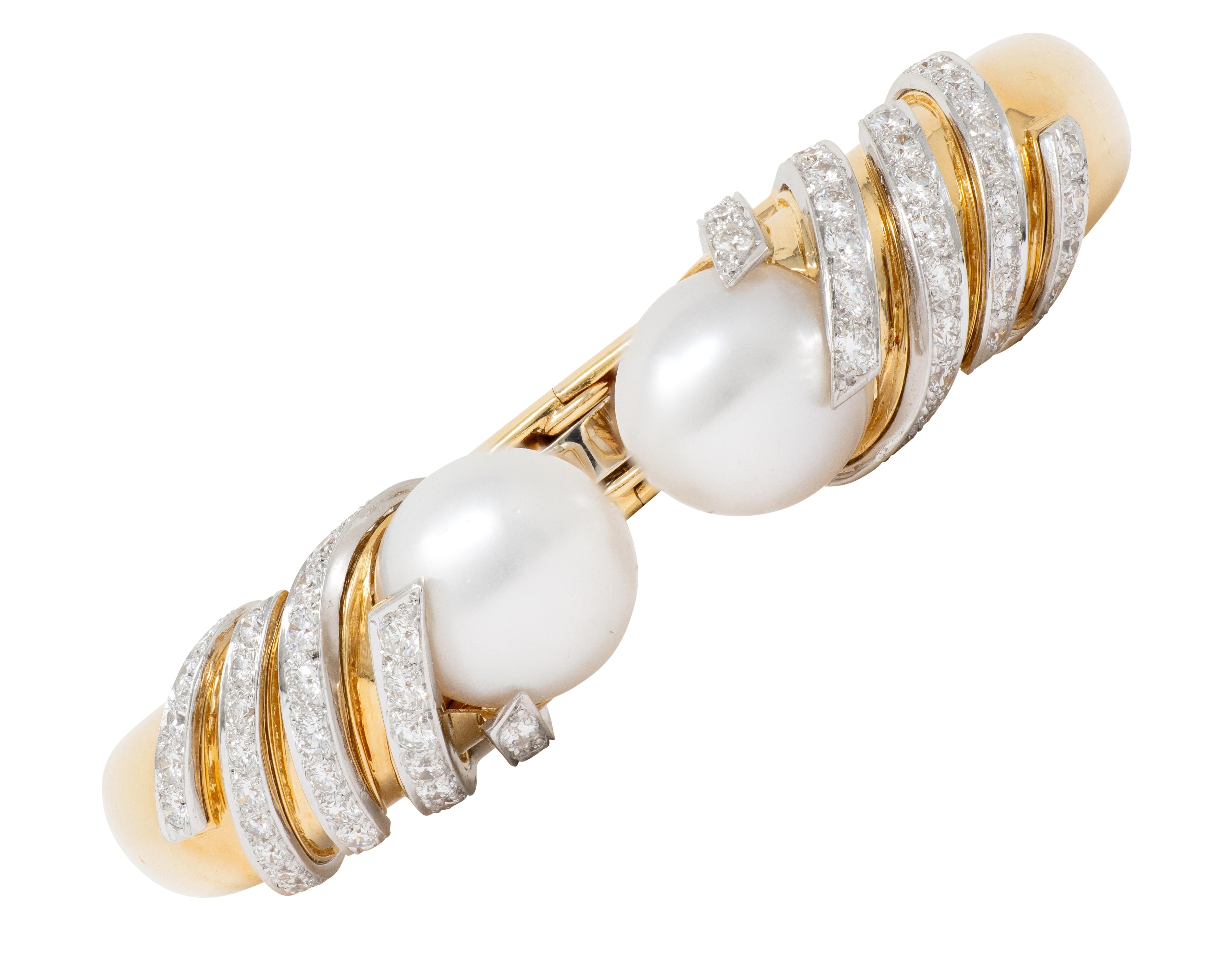 David Webb 1970's Diamond Pearl 18K Gold Platinum Vintage Swirl Cuff Bracelet