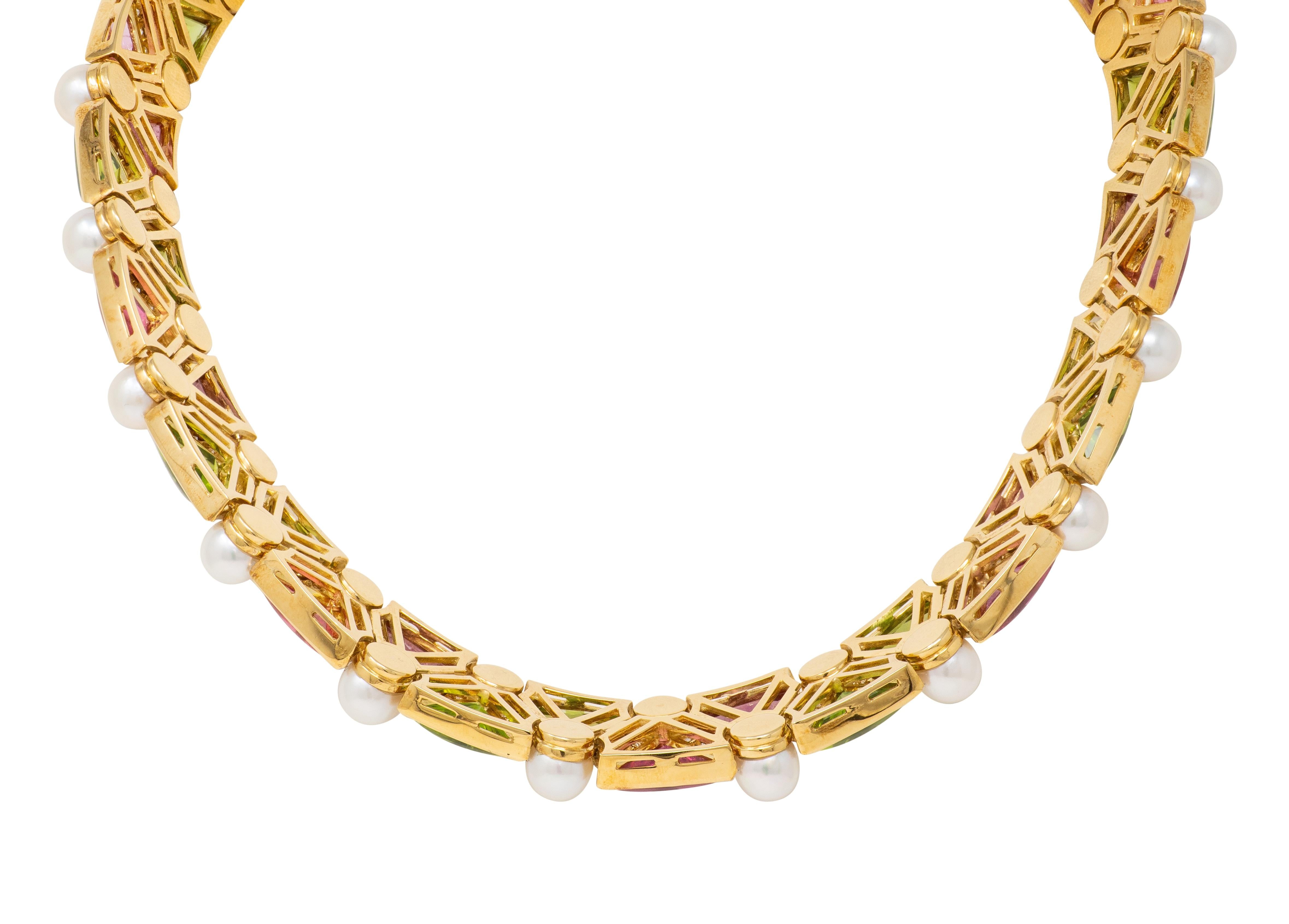 Bulgari 1989 Diamond Pearl Multi-Gem 18K Gold Vintage Geometric Collar Necklace