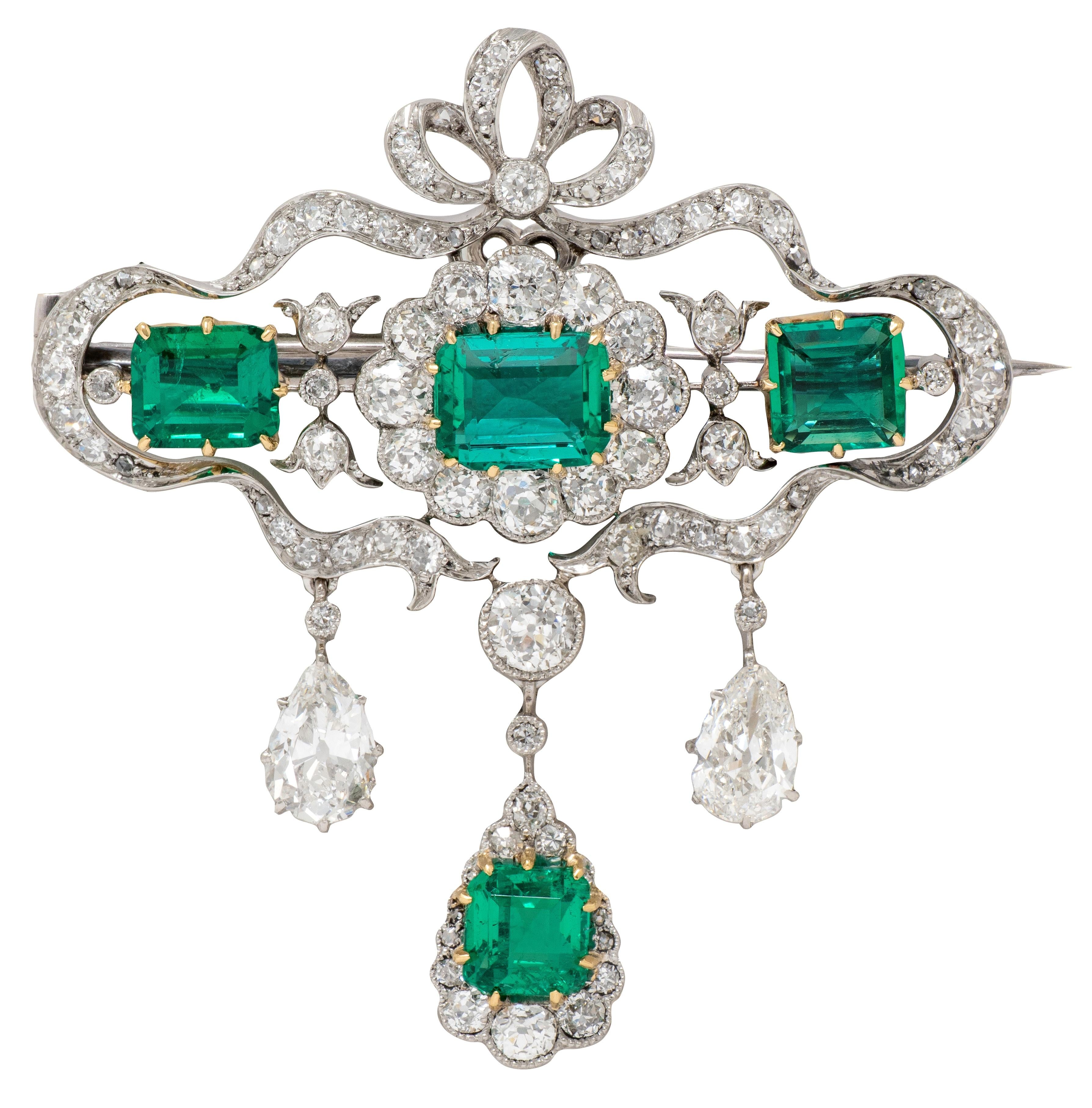 Carrington & Co. 1910 Emerald Diamond 18K Gold Platinum Antique Bow Parure Set