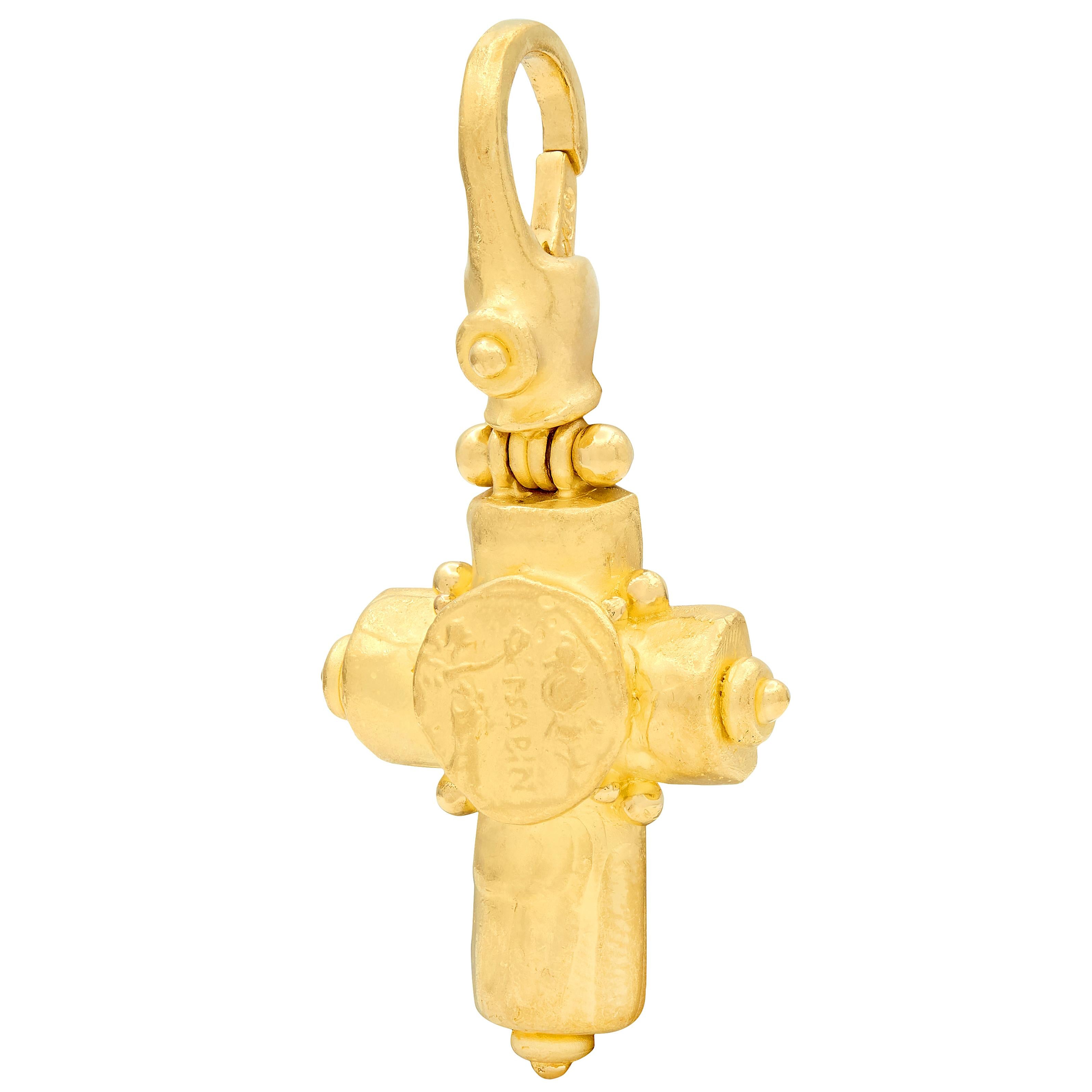 Denise Roberge 1990's 22 Karat Yellow Gold Vintage Ancient Coin Cross Pendant