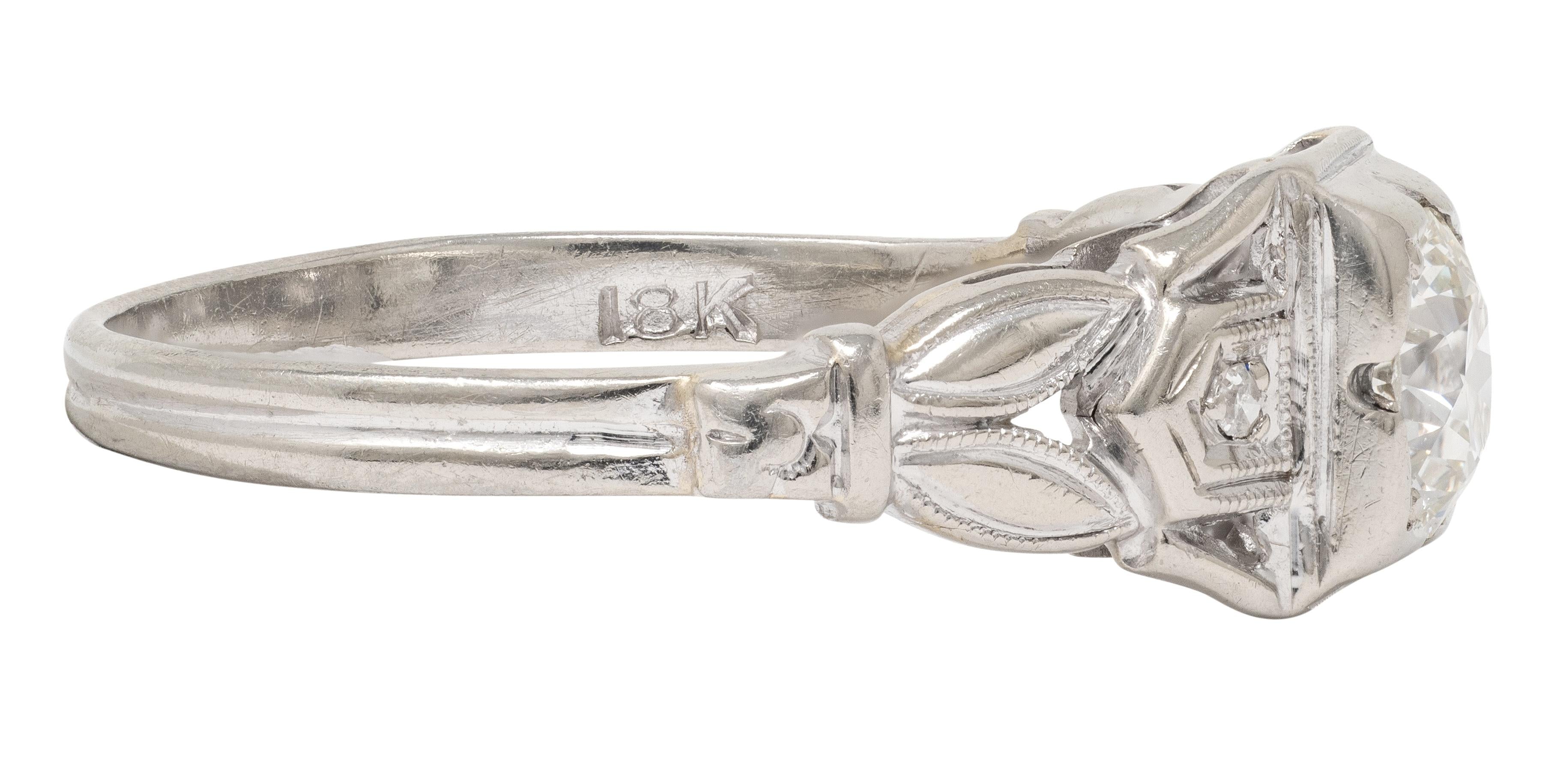Art Deco Old European Cut Diamond 18K White Gold Vintage Foliate Engagement Ring