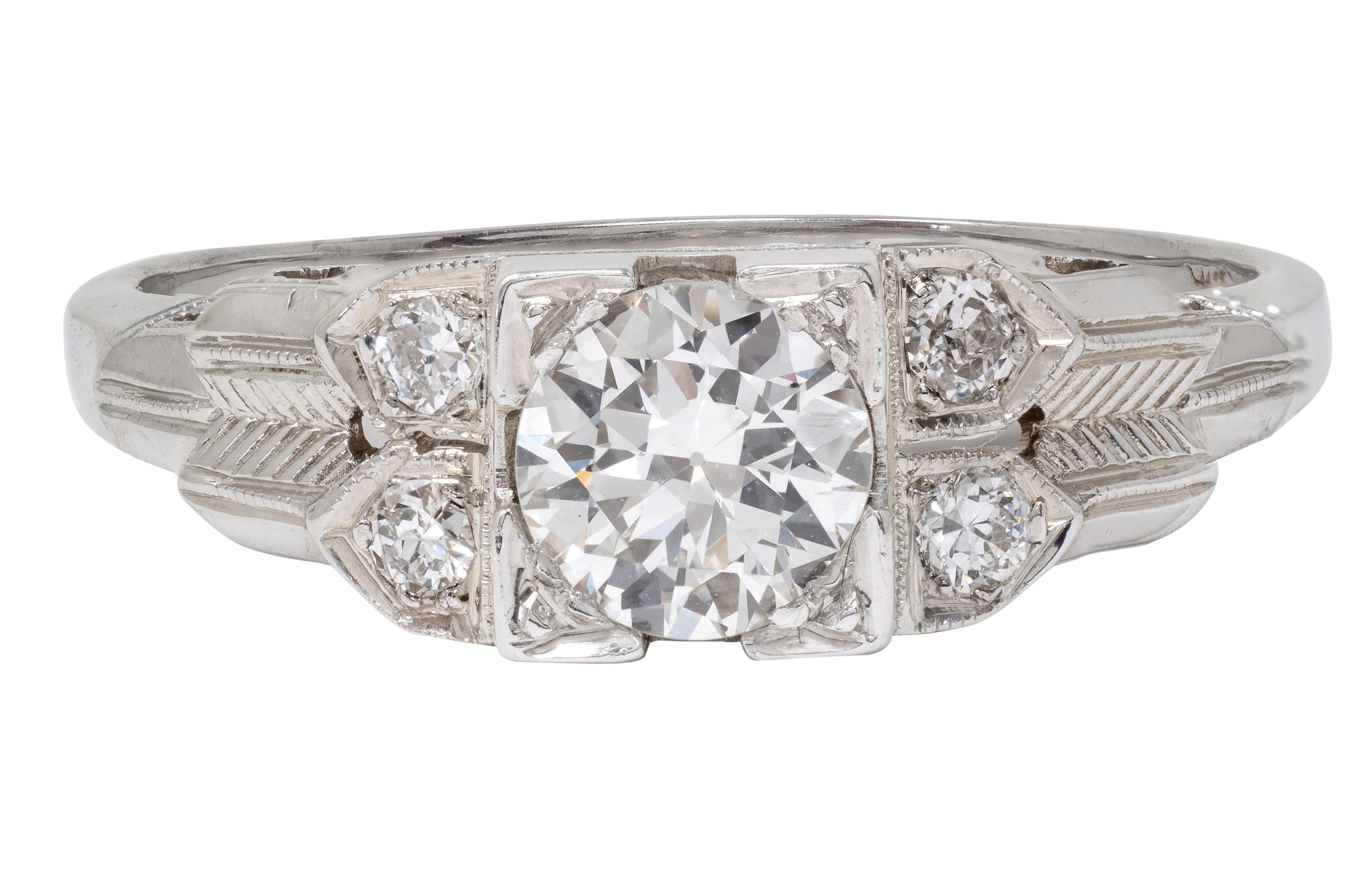 Art Deco Old European Diamond 18K White Gold Vintage Stepped Engagement Ring