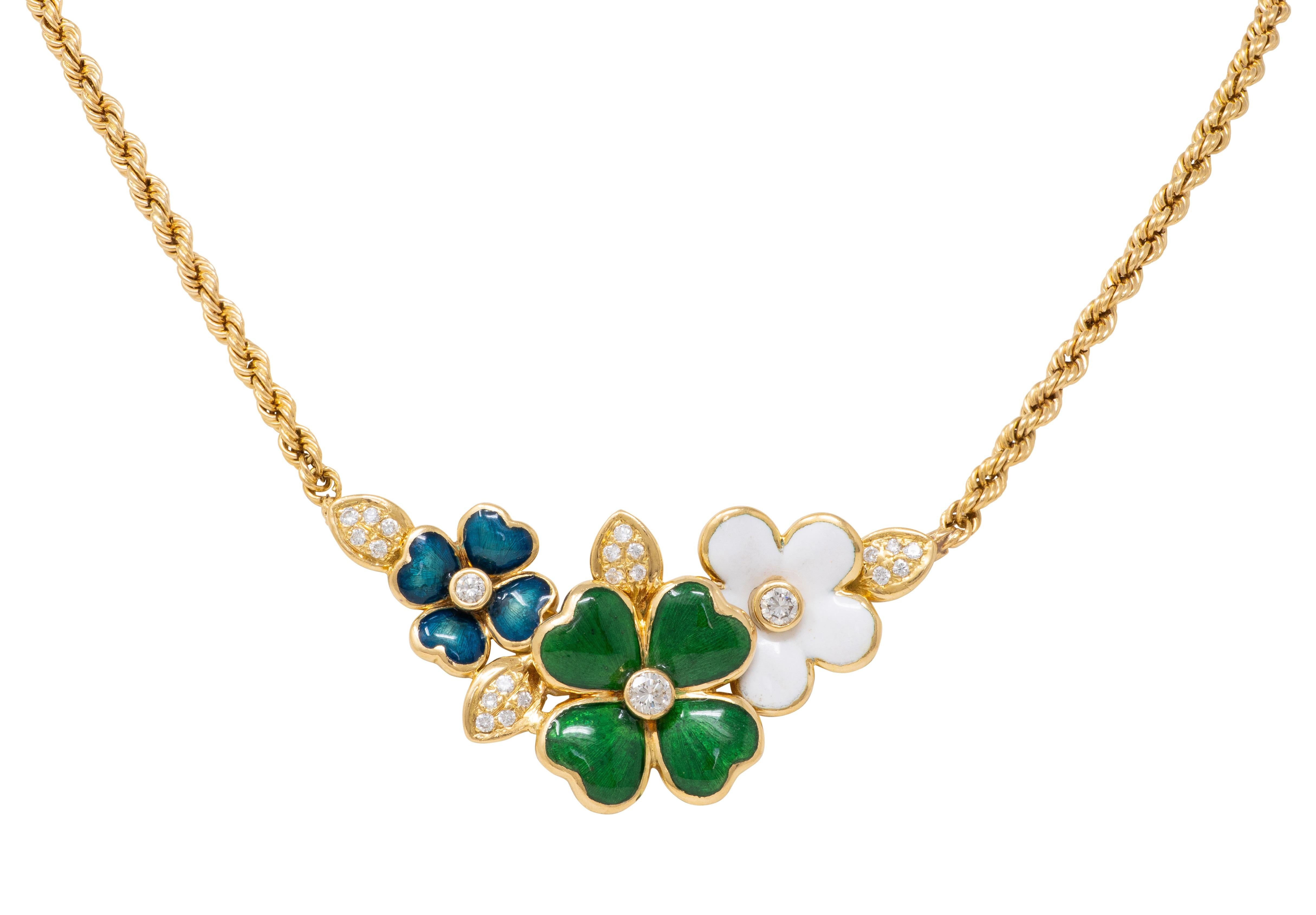 Boucheron Diamond Enamel 18 Karat Yellow Gold Vintage Floral Station Necklace