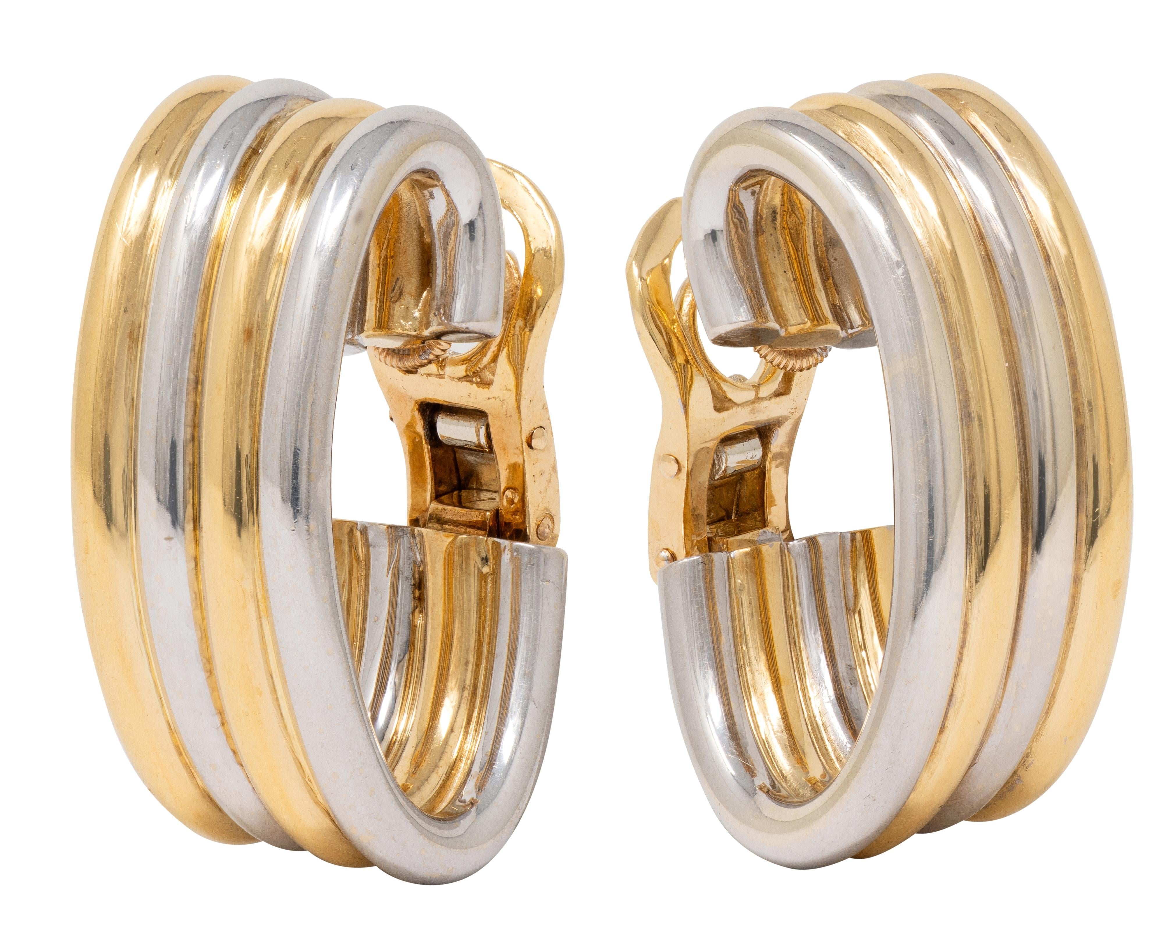 Bulgari French 1970's 18 Karat Two-Tone Gold Vintage J-Hoop Ear-Clip Earrings