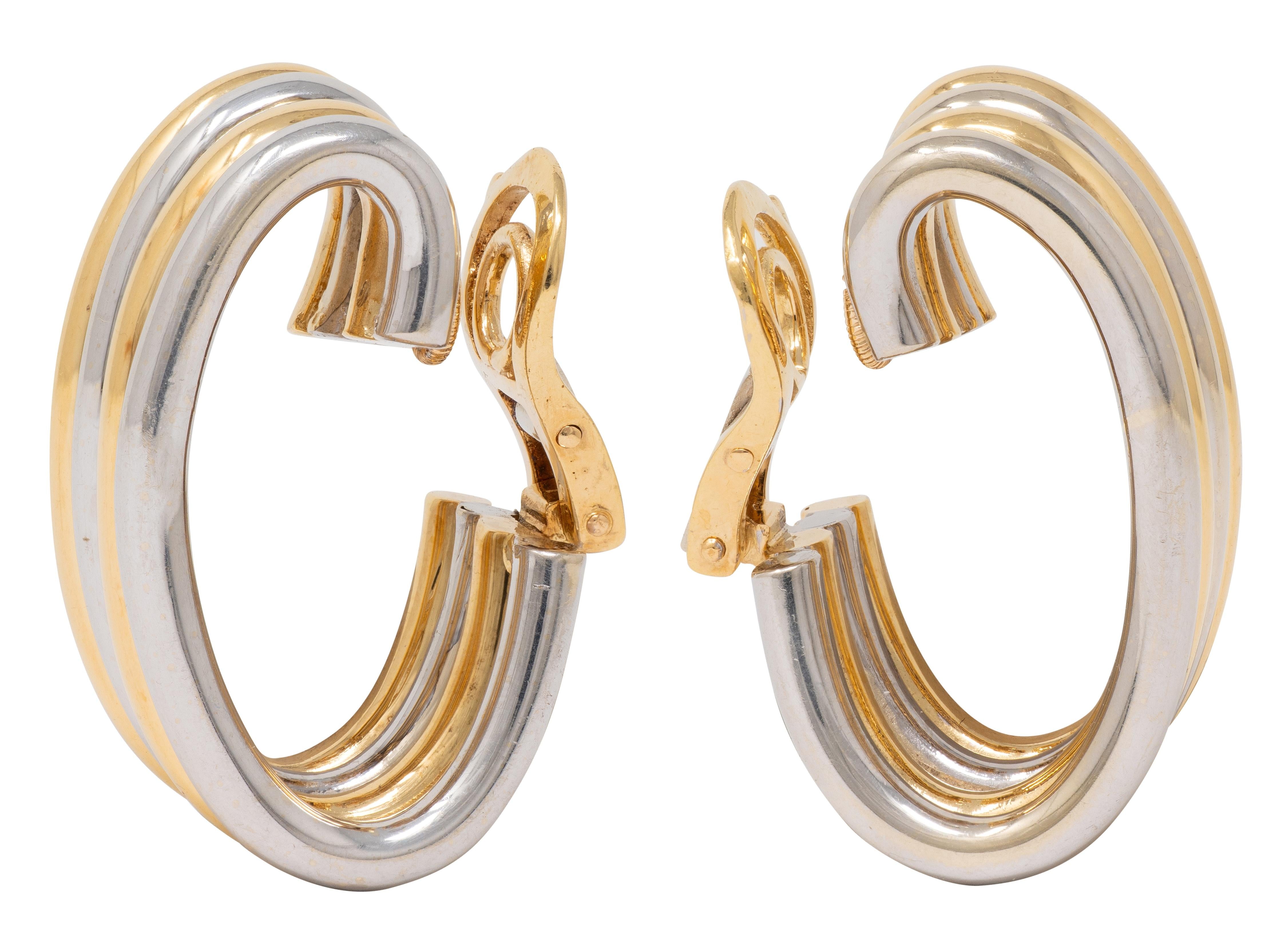 Bulgari French 1970's 18 Karat Two-Tone Gold Vintage J-Hoop Ear-Clip Earrings